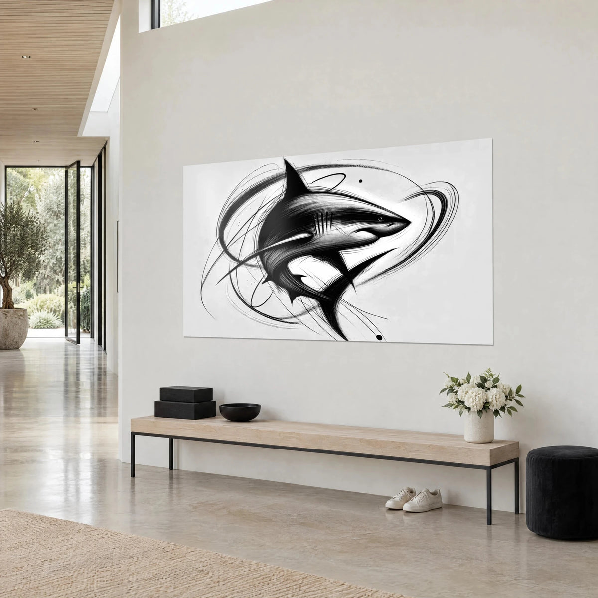 Schilderij van een haai in volle draai, zwarte rugvin omhoog, gebroken witte achtergrond, driekwart zicht op een beige muur