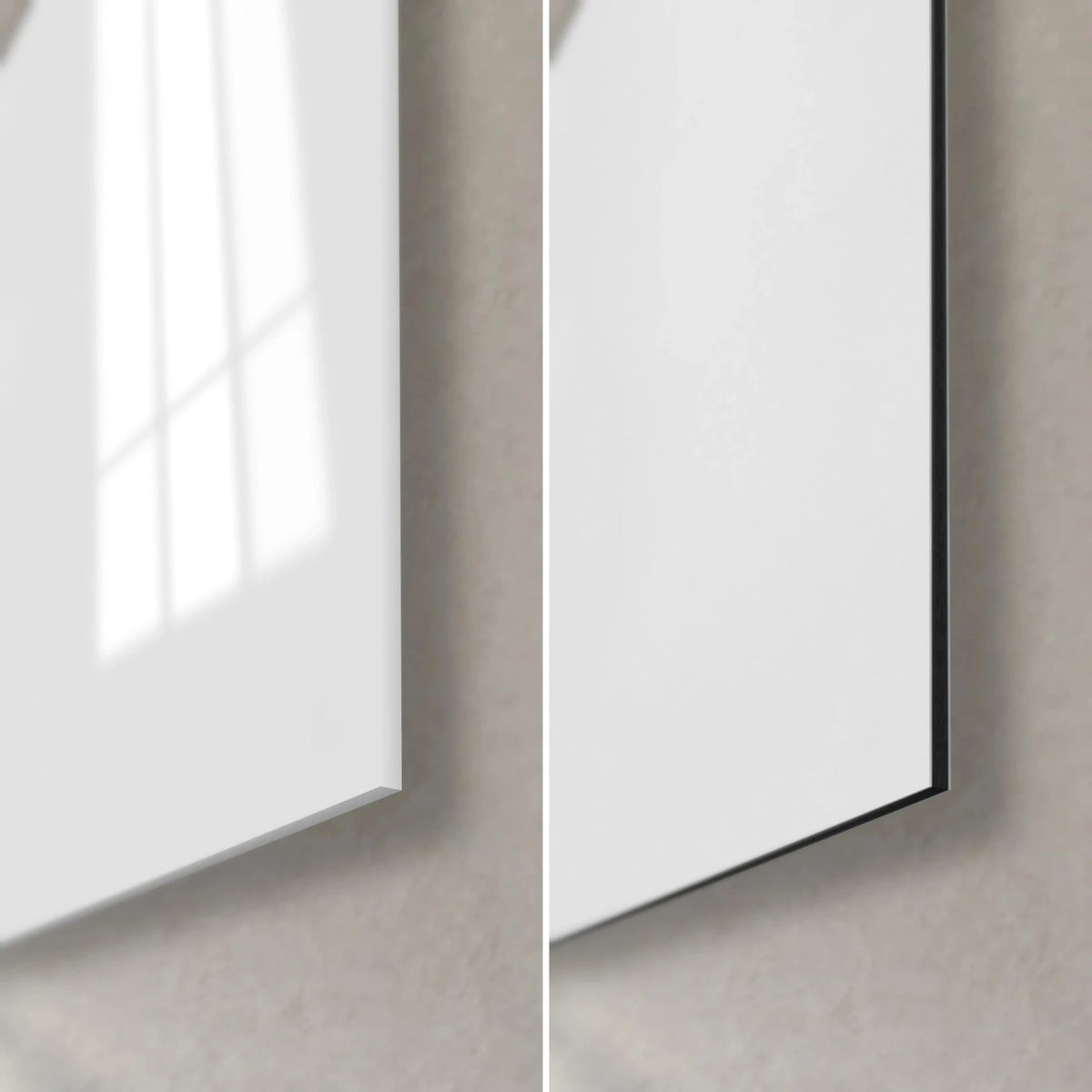 Schilderij van een haai in zwarte en witte inkt, rechtsonder hoek: glanzend acrylglas links, mat Dibond-aluminium rechts, rand van 3 mm