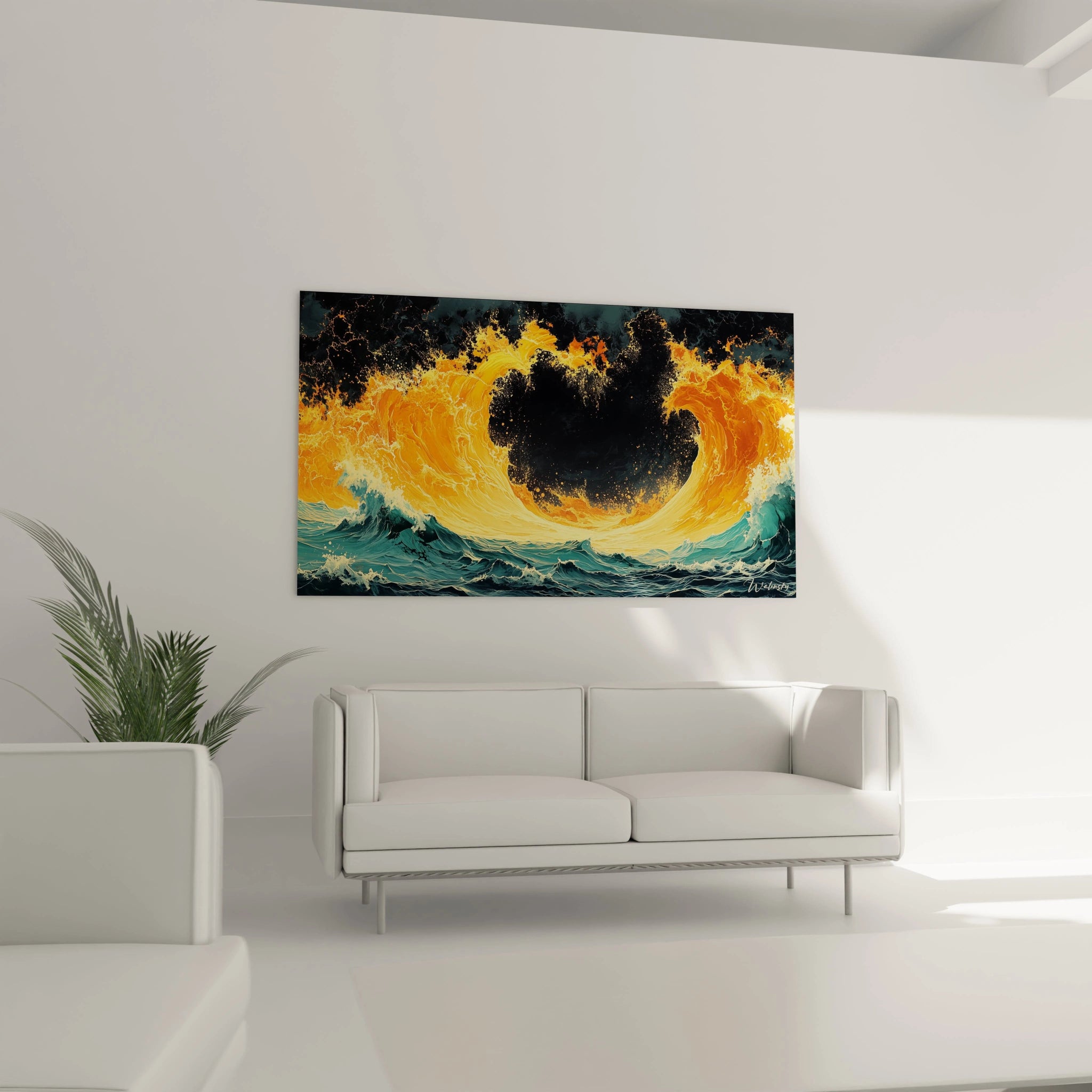 Un tableau abstrait montrant une formation circulaire de feu liquide orange enveloppant un centre noir, au-dessus d'un océan bleu-vert agité, avec des textures variées allant du fluide transparent pour l'eau aux filaments lumineux pour les éléments enflammés.
