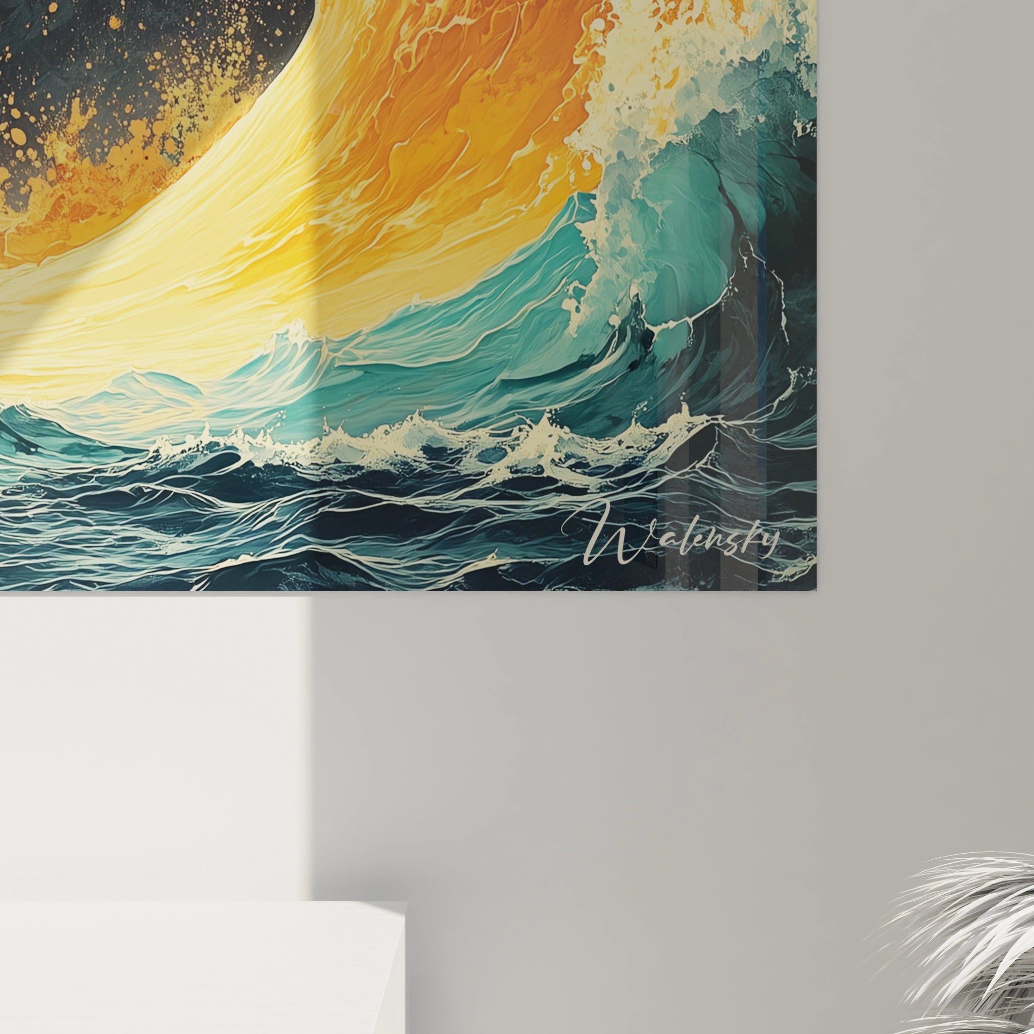 Un tableau mer cosmique présentant un portail doré circulaire émergeant d'eaux turquoise agitées, avec un contraste saisissant entre les couleurs chaudes incandescentes et les teintes froides marines, créant une impression de phénomène surnaturel où les éléments opposés se rencontrent.
