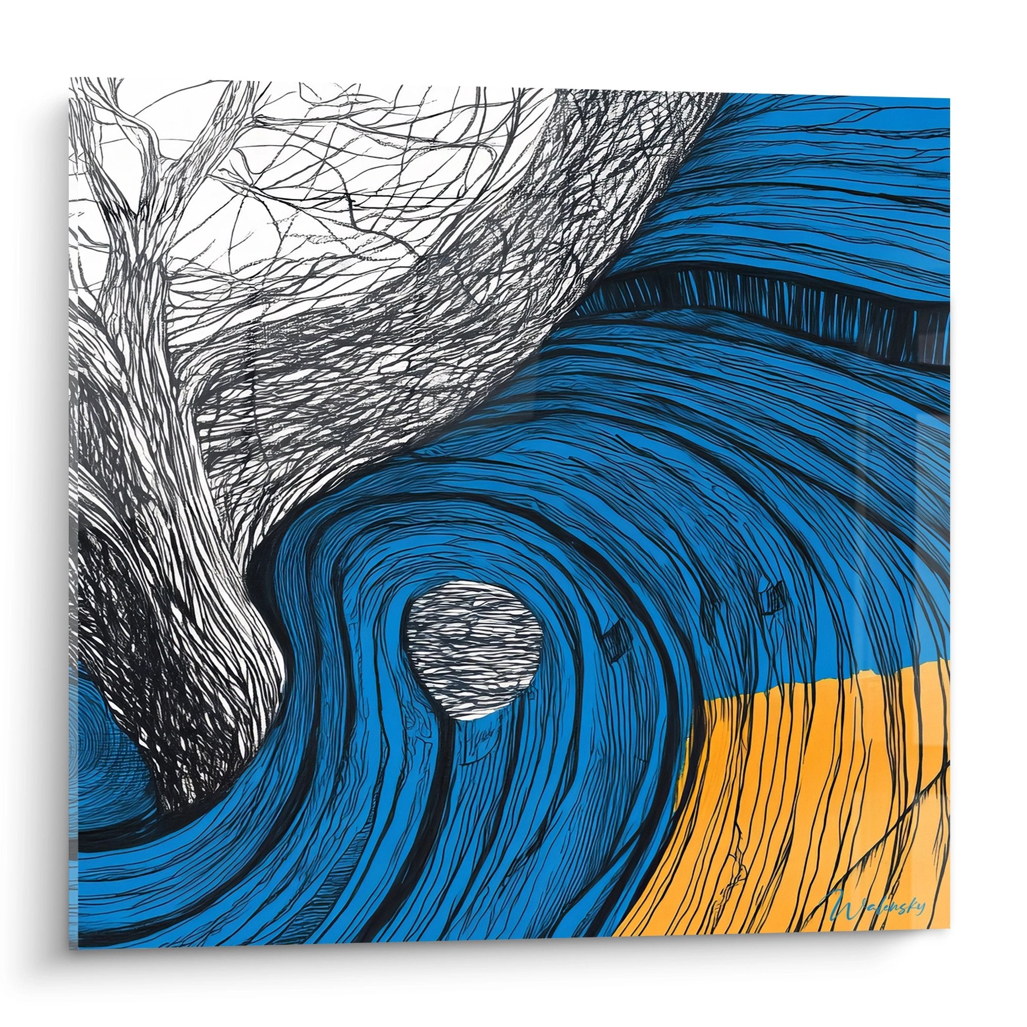 Tableau mural vague spirale bleue abstraite avec motifs organiques et tourbillon océanique décoratif moderne