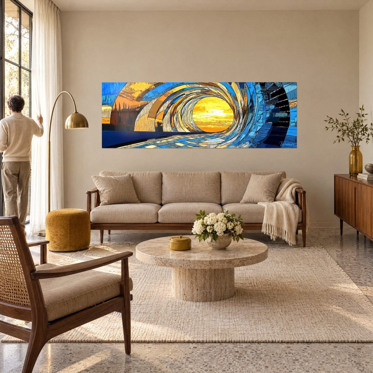 Wall art with a wavy spiral tunnel, golden yellow sun at the center and cobalt blue arches, above a sofa in a bright living room
