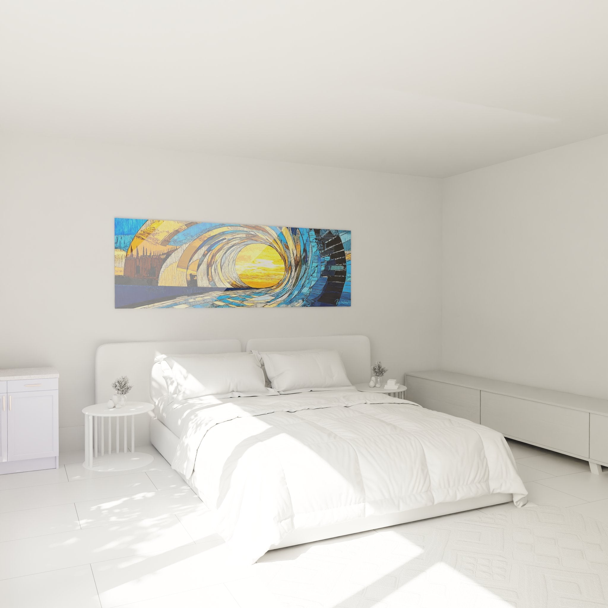 Ambiance chambre avec tableau vague spirale bleue dorée décoration murale océanique