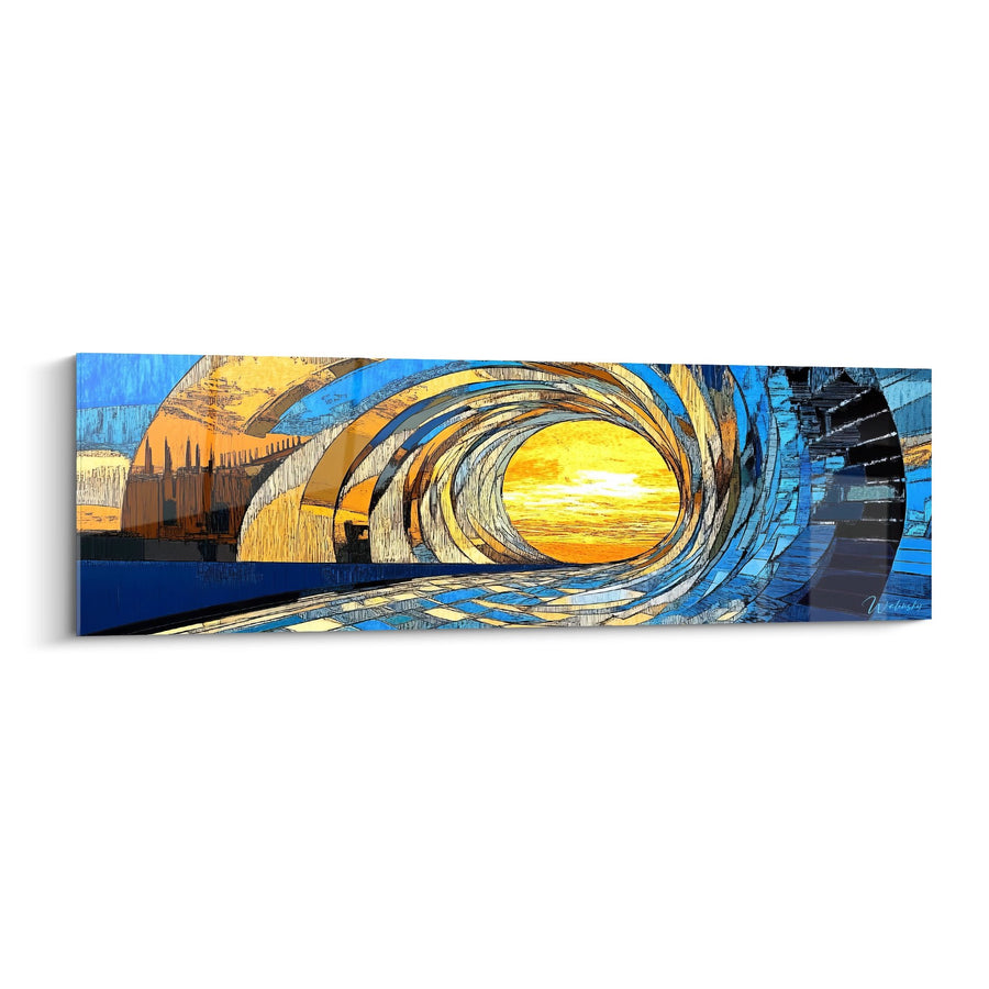 Tableau vague océanique spirale - Tunnel doré vers l'horizon - édition spirale abstrait