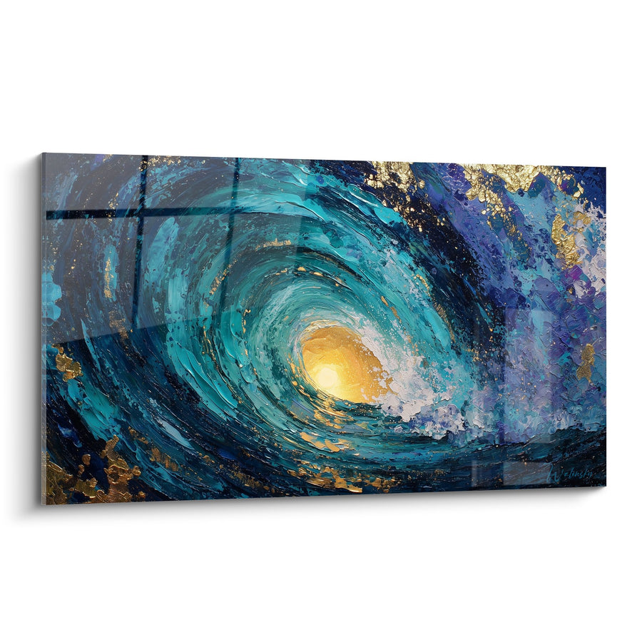Tableau Vague Turquoise et Or Spirale Cosmique - Énergie Océanique - Edition Feng shui Nord Eau