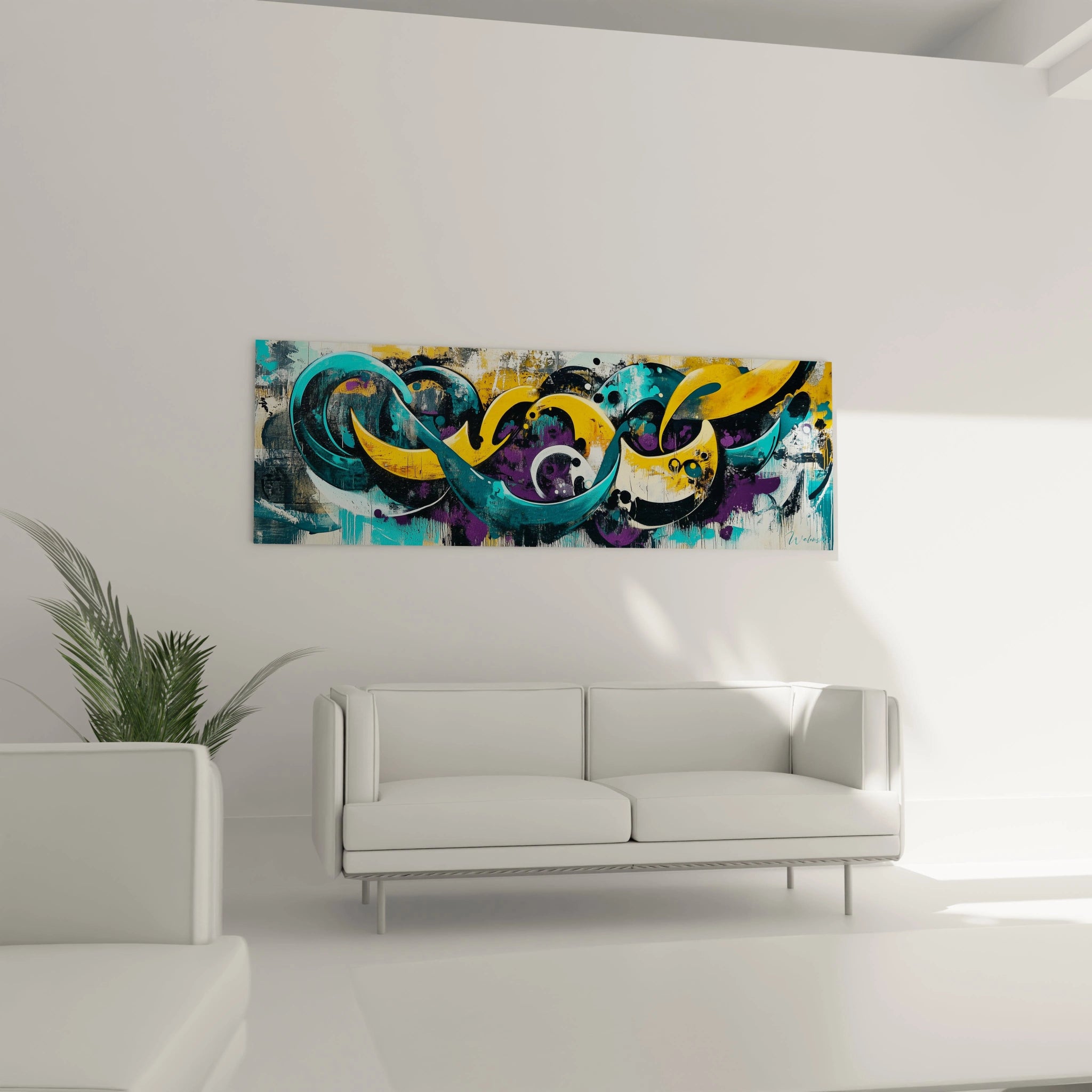 Un tableau graffiti contemporain où des vagues turquoise et dorées s'entrelacent dans une danse calligraphique. Les formes ondulent avec élégance sur un fond clair texturé, accompagnées de touches violettes et noires qui ajoutent profondeur et contraste à cette composition horizontale aux mouvements fluides.
