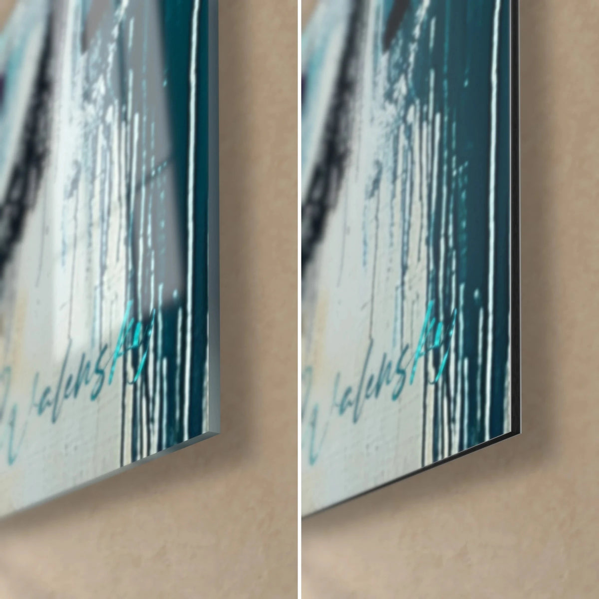 Tableau vague de peinture bleu canard et blanc cassé, coin bas droit, reflets du verre brillant et Dibond mat, tranche de 3 mm