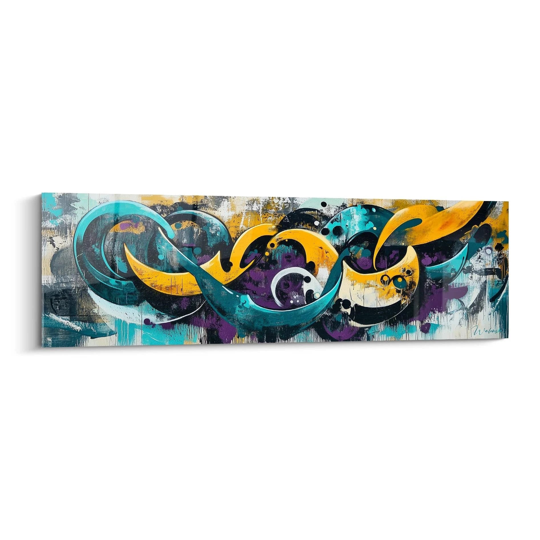 Un tableau artistique graffiti présentant des formes calligraphiques fluides en turquoise, violet et jaune sur fond texturé. Les lignes ondulantes s'entrelacent dynamiquement, créant un mouvement horizontal rythmique avec des éclaboussures délicates et des transitions chromatiques subtiles.
