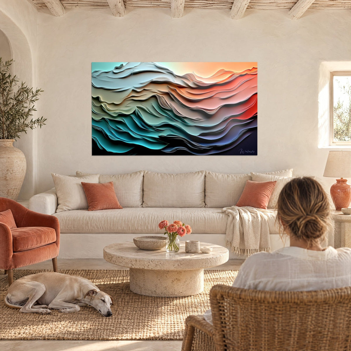 Wall art with wavy turquoise and coral layers, paper-cut relief, hanging above a sofa in a bright living room