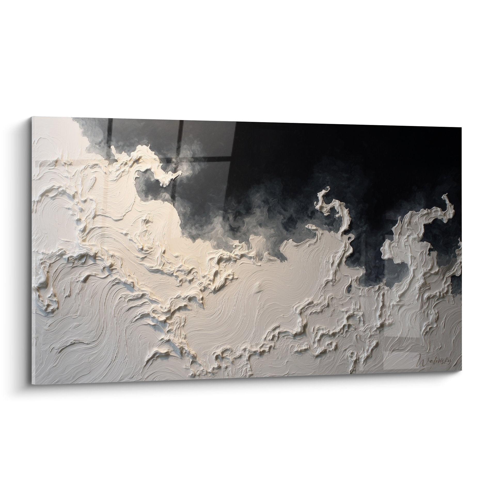 Tableau abstrait vagues blanches texturees relief noir gris feng shui nord ouest metal decoration murale