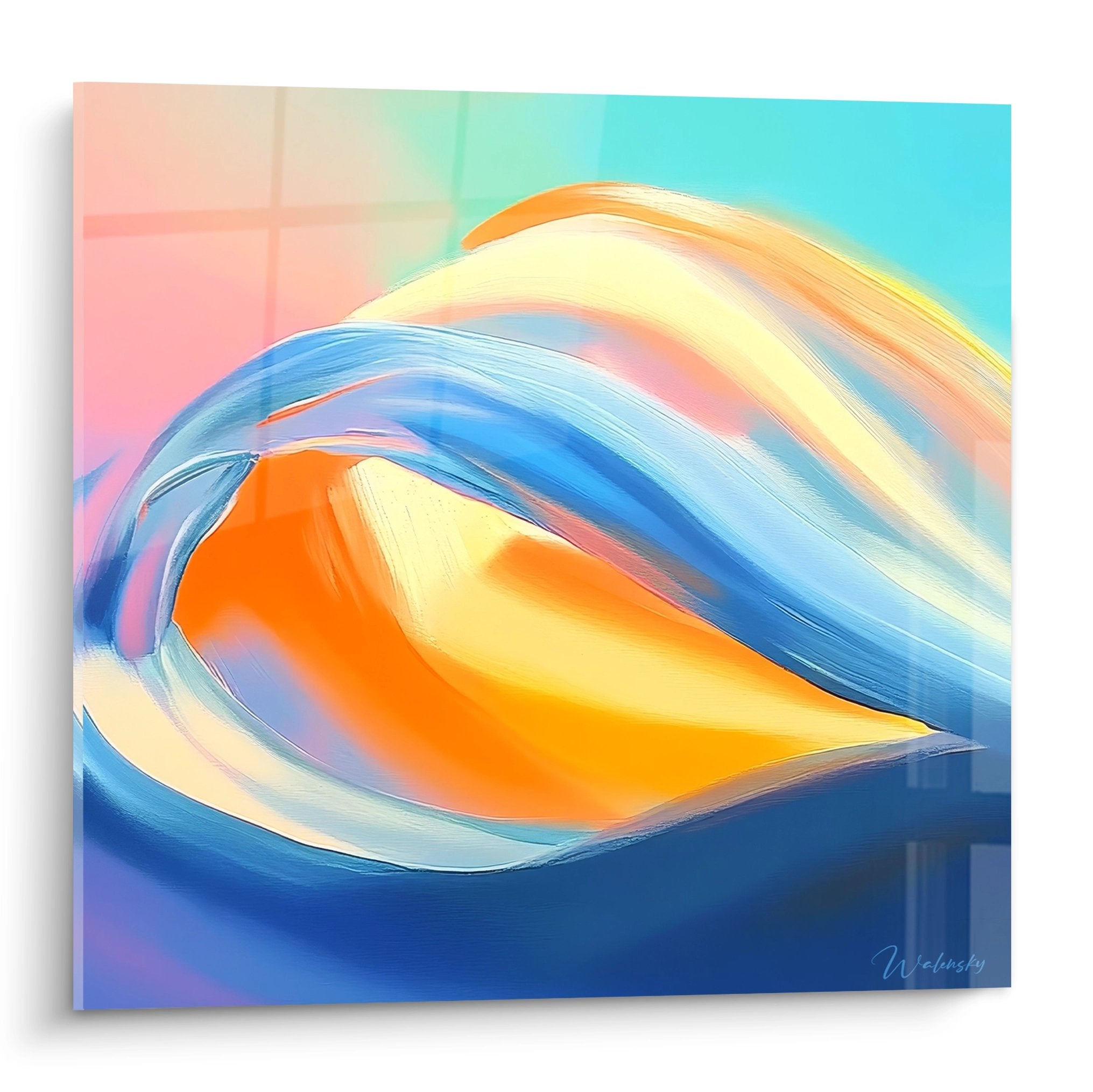 Tableau mural vagues abstraites colorées style peinture moderne bleu orange jaune décoration salon