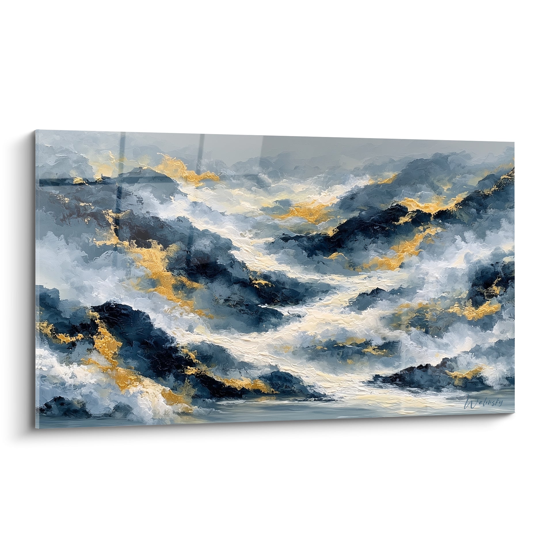 Vagues bleu marine et anthracite aux filaments dorés, mouvement puissant style Peinture abstrait