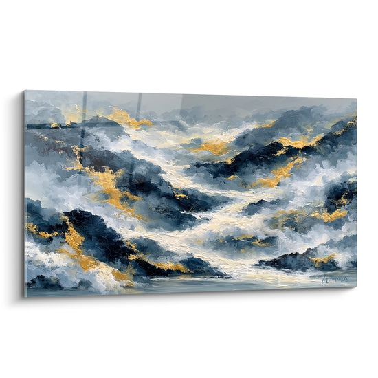 Vagues bleu marine et anthracite aux filaments dorés, mouvement puissant style Peinture abstrait