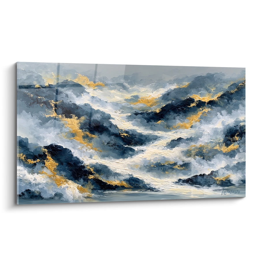 Tableau Vagues bleu marine et dorées entre récifs - Écume et embruns - Edition style Peinture abstrait