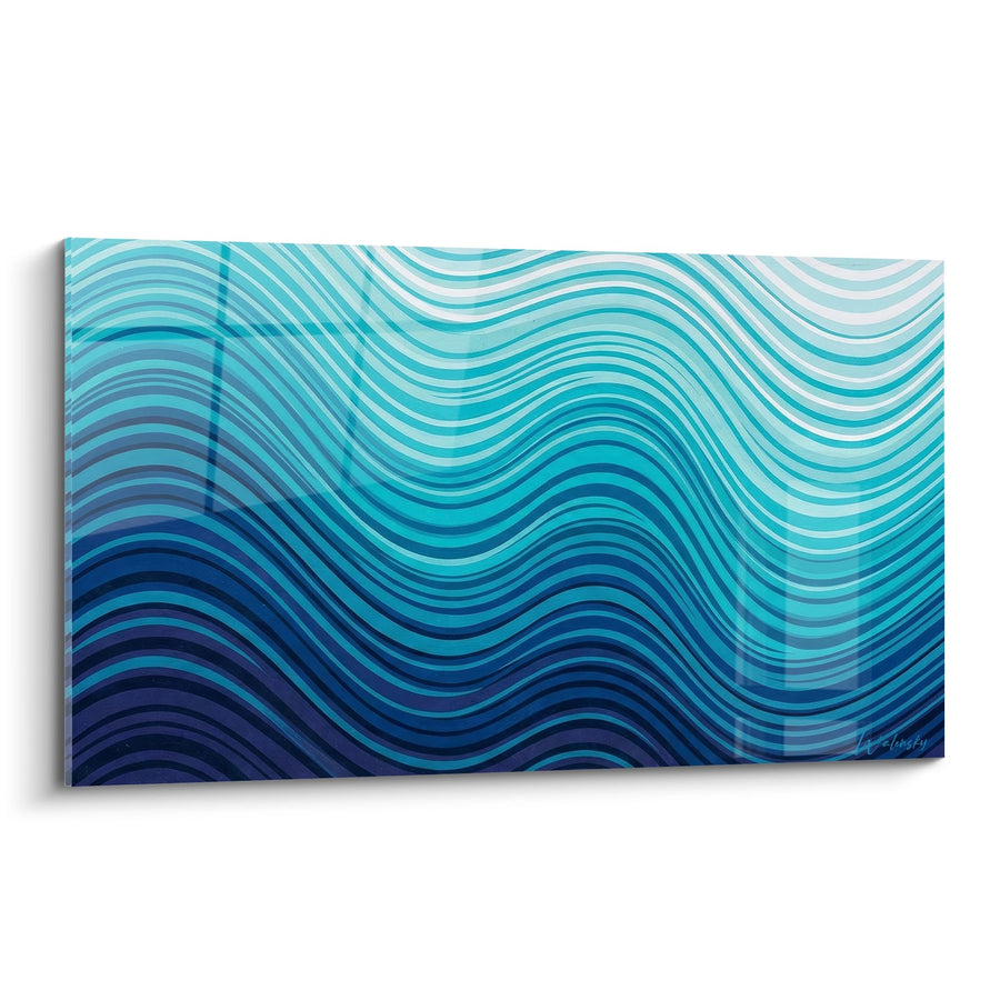 Schilderij Golvende Blauwe Golven en Vloeiende Lijnen - Grafisch Getijde - Geometrische Streetart Editie