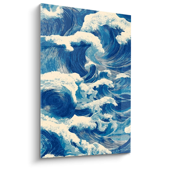Tableau mural vagues bleues stylisées spiralées blanches motifs tourbillons marins décoratifs