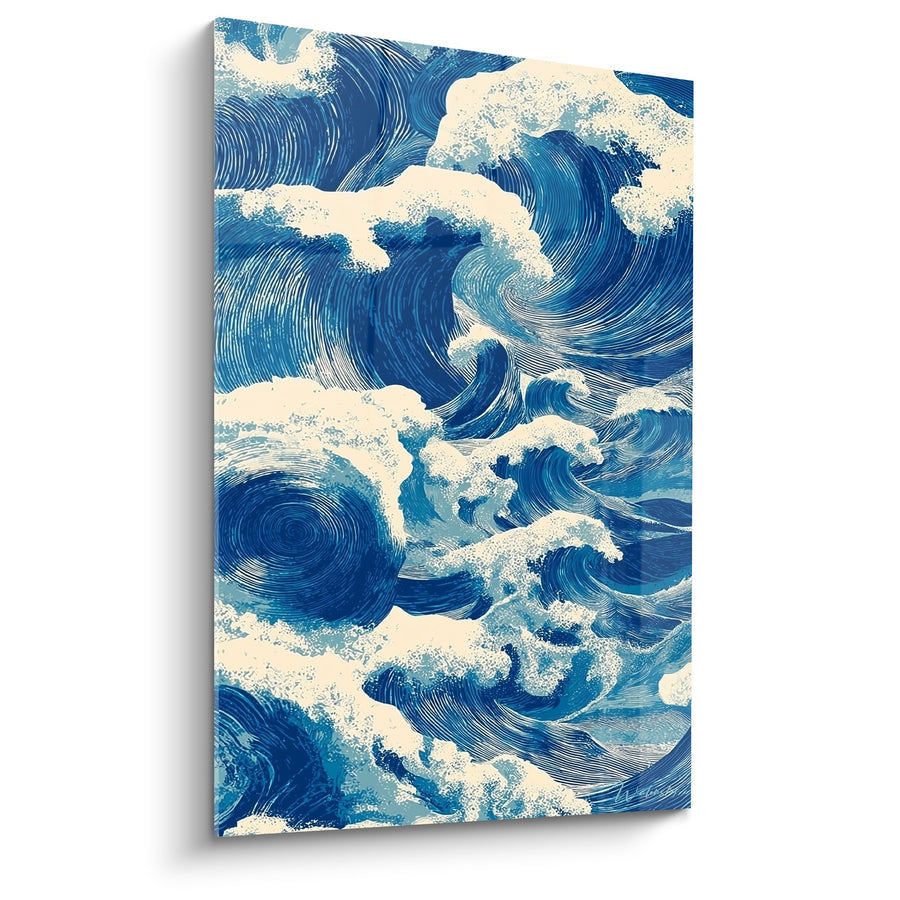Tableau vagues stylisées bleues et blanches spiralées - Tourbillons marins - Edition Feng shui Nord Eau