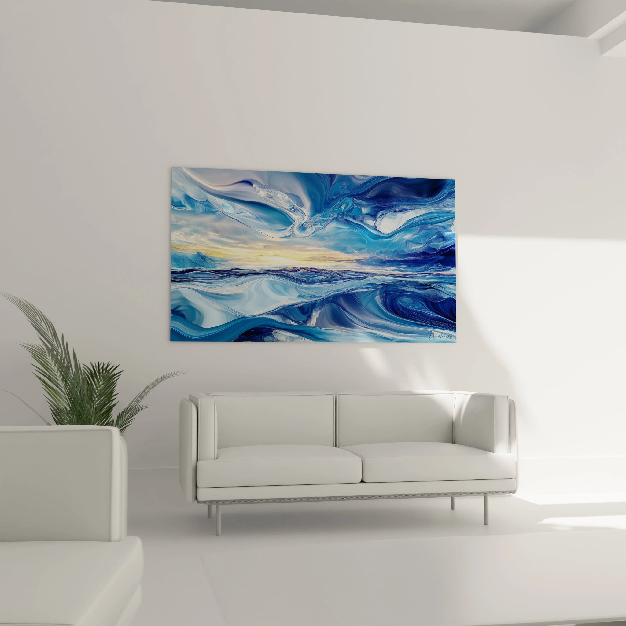 Un tableau océan capturant l'essence des vagues en mouvement avec des teintes bleu céruléen, indigo et blanc nacré, où des formes liquides semblent danser sous une lumière dorée à l'horizon, avec des textures lisses et transparentes superposées.
