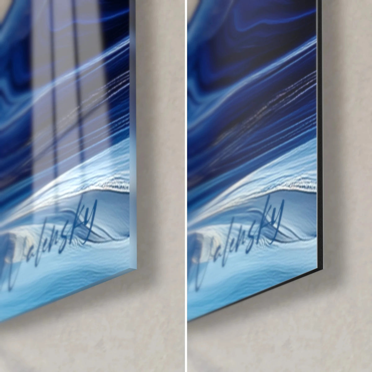 Wall art indigo and silver swirls, bottom right corner: glossy acrylic glass on the left, matte Dibond on the right, 3 mm edge