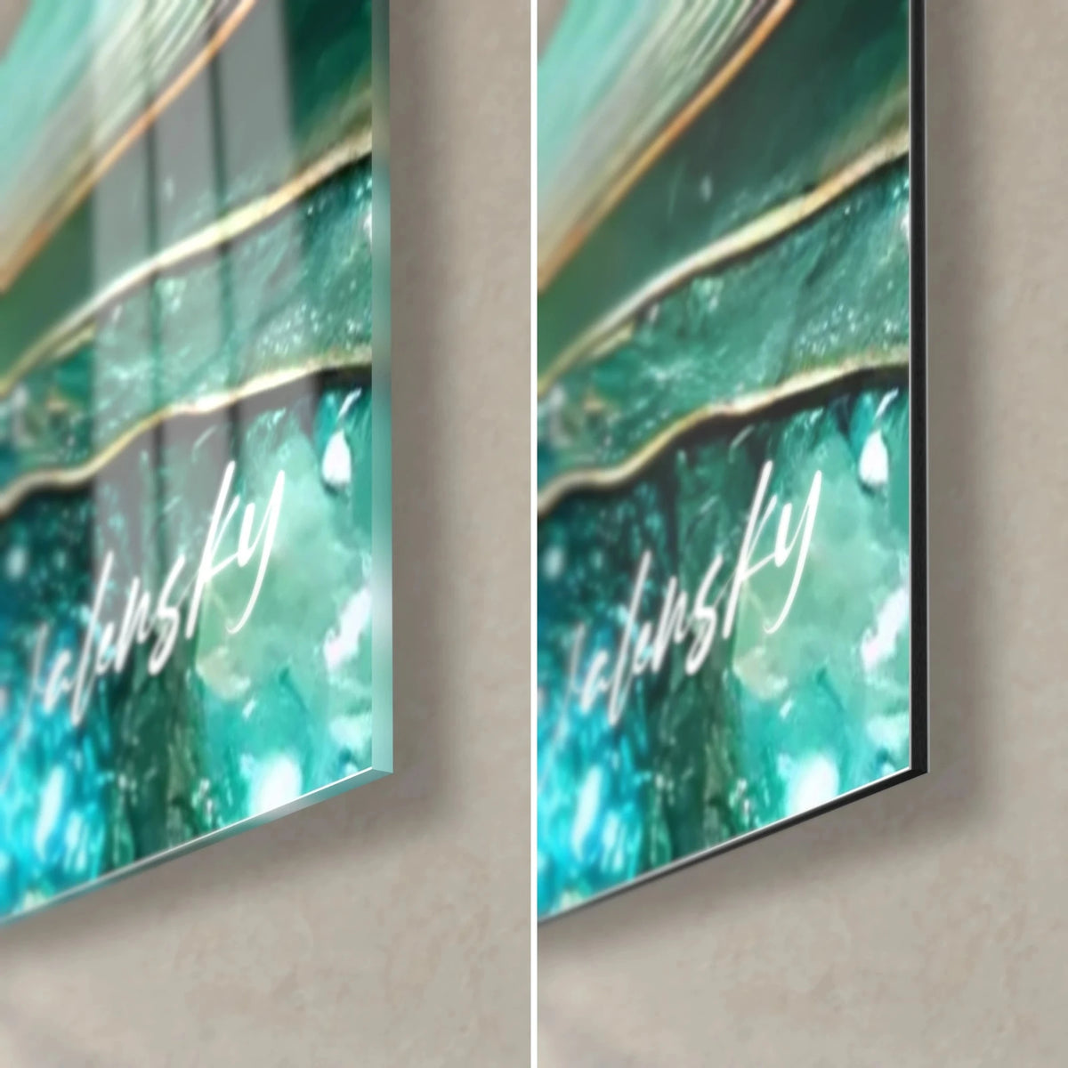 Wall art with aquamarine waves veined in gold, bottom right corner: glossy acrylic glass on the left, matte Dibond on the right, slim edge