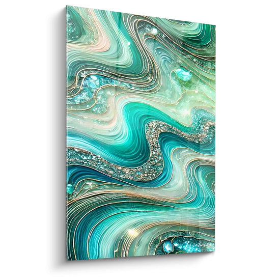 Questo quadro in stile epossidico con sfumature turchesi e dorate che cattura l'energia fluida delle onde. Le curve ondulate e la brillantezza della resina offrono una profondità affascinante.

