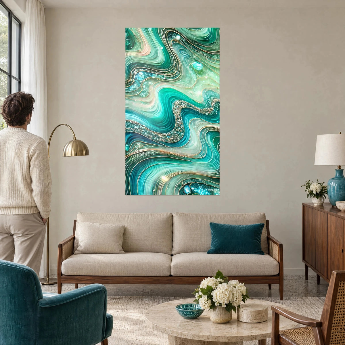 Wall art with rippling turquoise waves, gold lines and a shimmering streak on a mint background, above a sofa in a bright living room