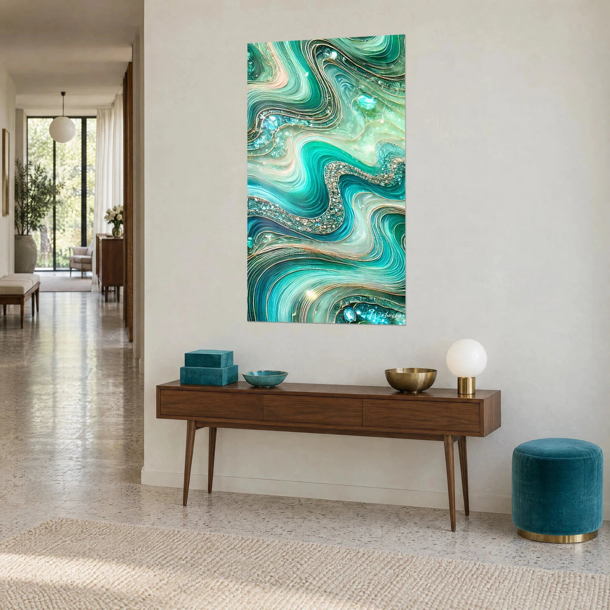 Wall art with fluid emerald and cream marbling, a silver glitter ribbon snaking through, seen at an angle above a wooden console