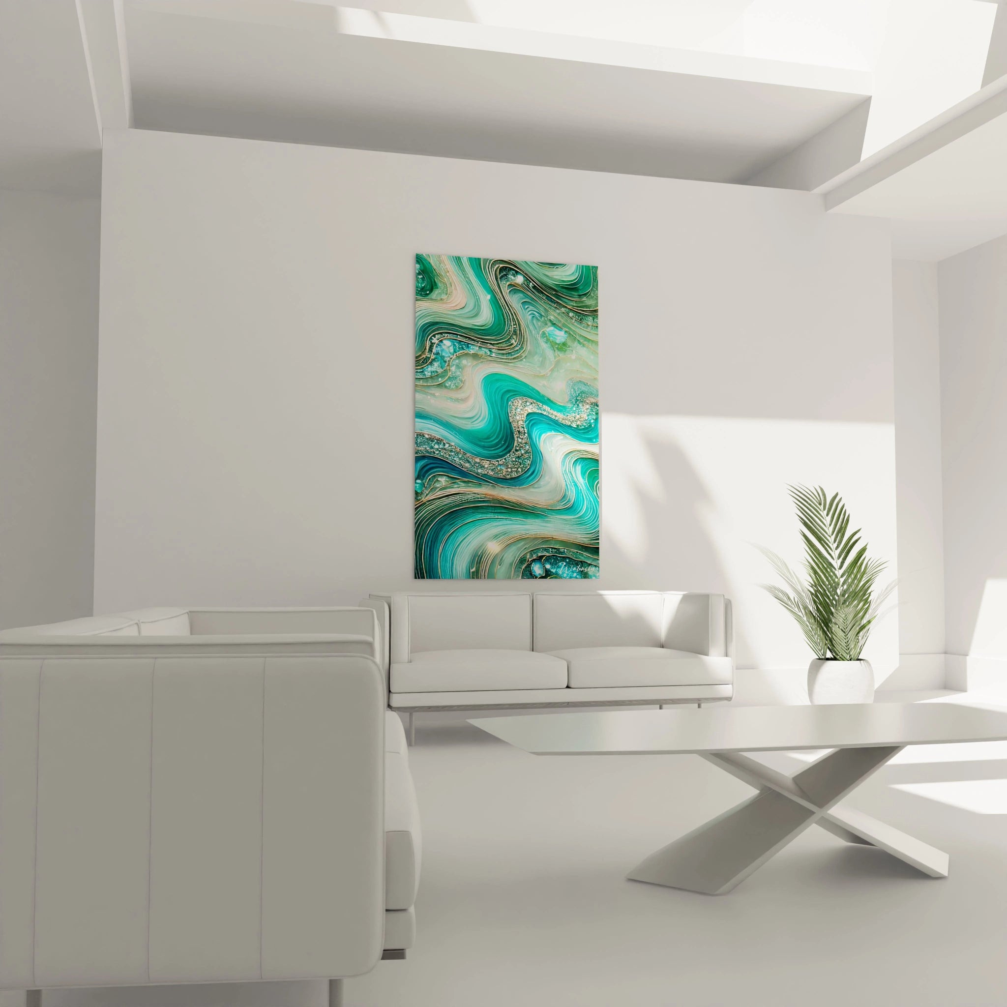 Transformez votre salon avec ce tableau style epoxy qui fusionne le bleu, le vert et l'or. Il apporte une touche de nature et d'énergie, avec des courbes fluides qui rappellent les vagues tranquilles.

