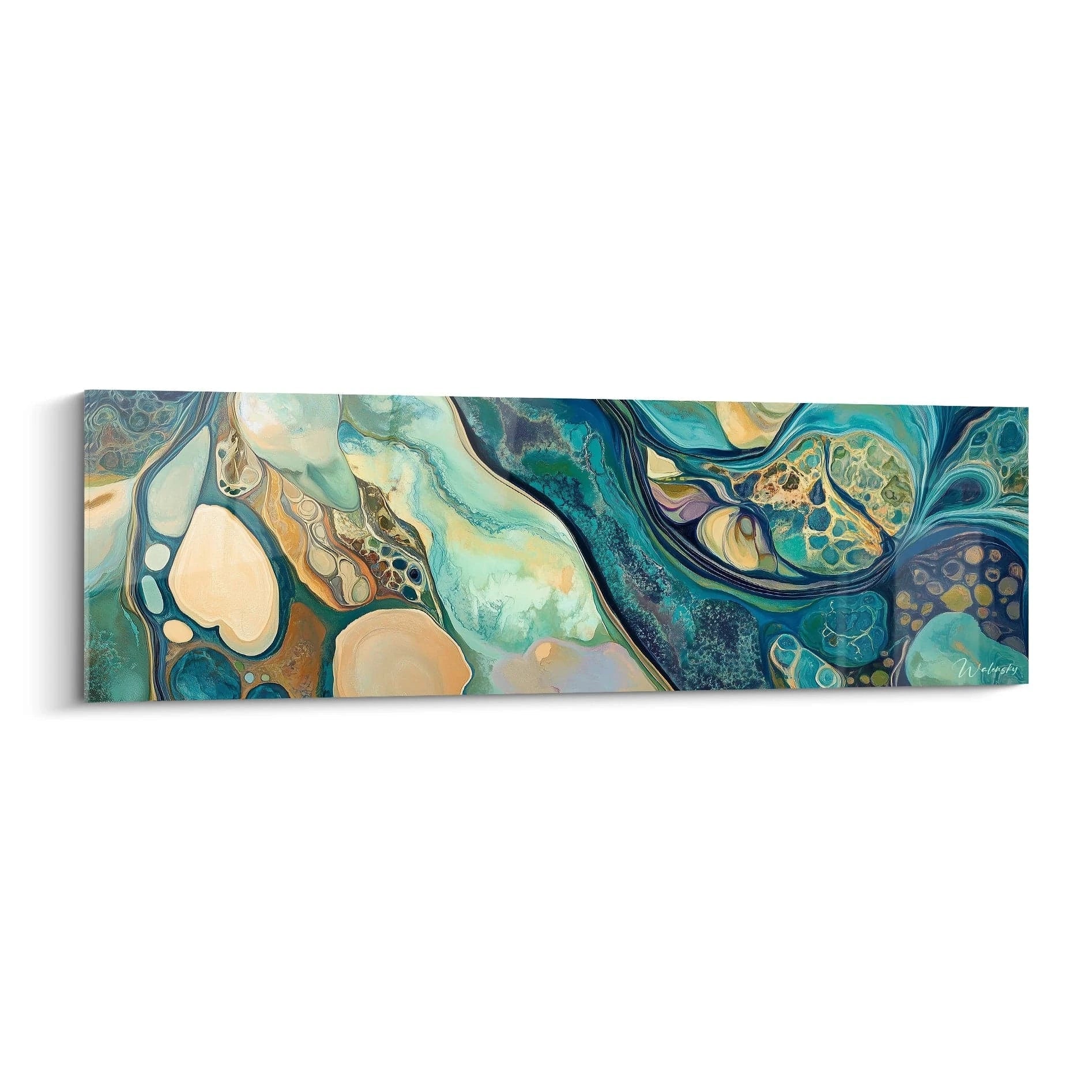 Tableau moderne abstrait de Walensky avec des formes fluides et des couleurs turquoise et dorées