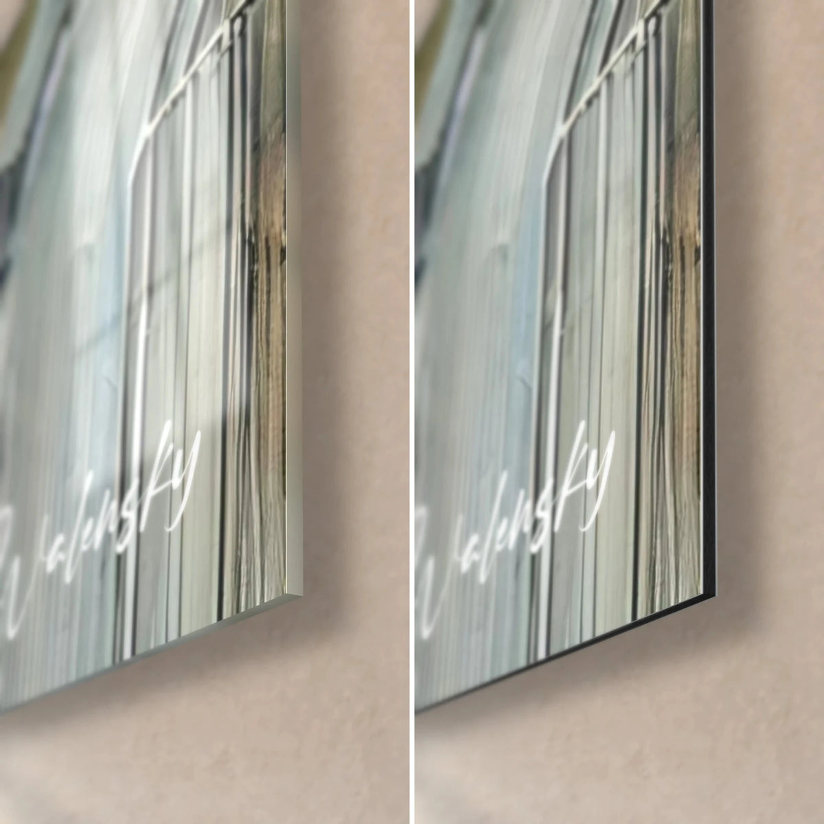 Wall art with burnt orange and steel grey relief waves, bottom right corner: glossy acrylic glass on the left, matte Dibond on the right, 3 mm edge