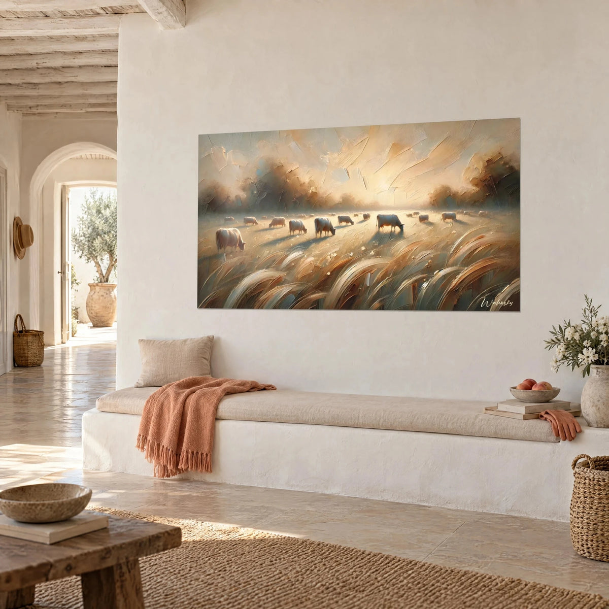 Tableau prairie ensoleillée aux coups de couteau ambre et beige, vaches au loin, vue de trois-quarts, mur blanc d'une maison méditerranéenne