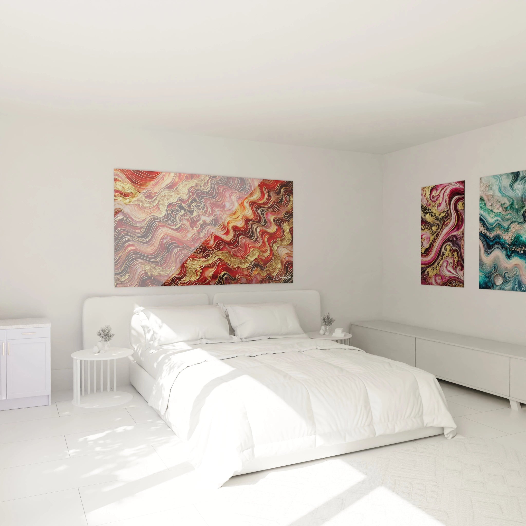 Ce tableau style epoxy au-dessus du lit transforme la chambre avec ses couleurs vives et chaudes. Les courbes incandescentes créent une ambiance énergisante et passionnée.

