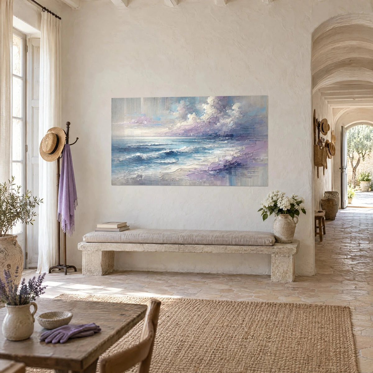 Wall art abstract sea with white foam crests, mauve and pale blue sky, on a cream wall, three-quarter view, vaulted hallway