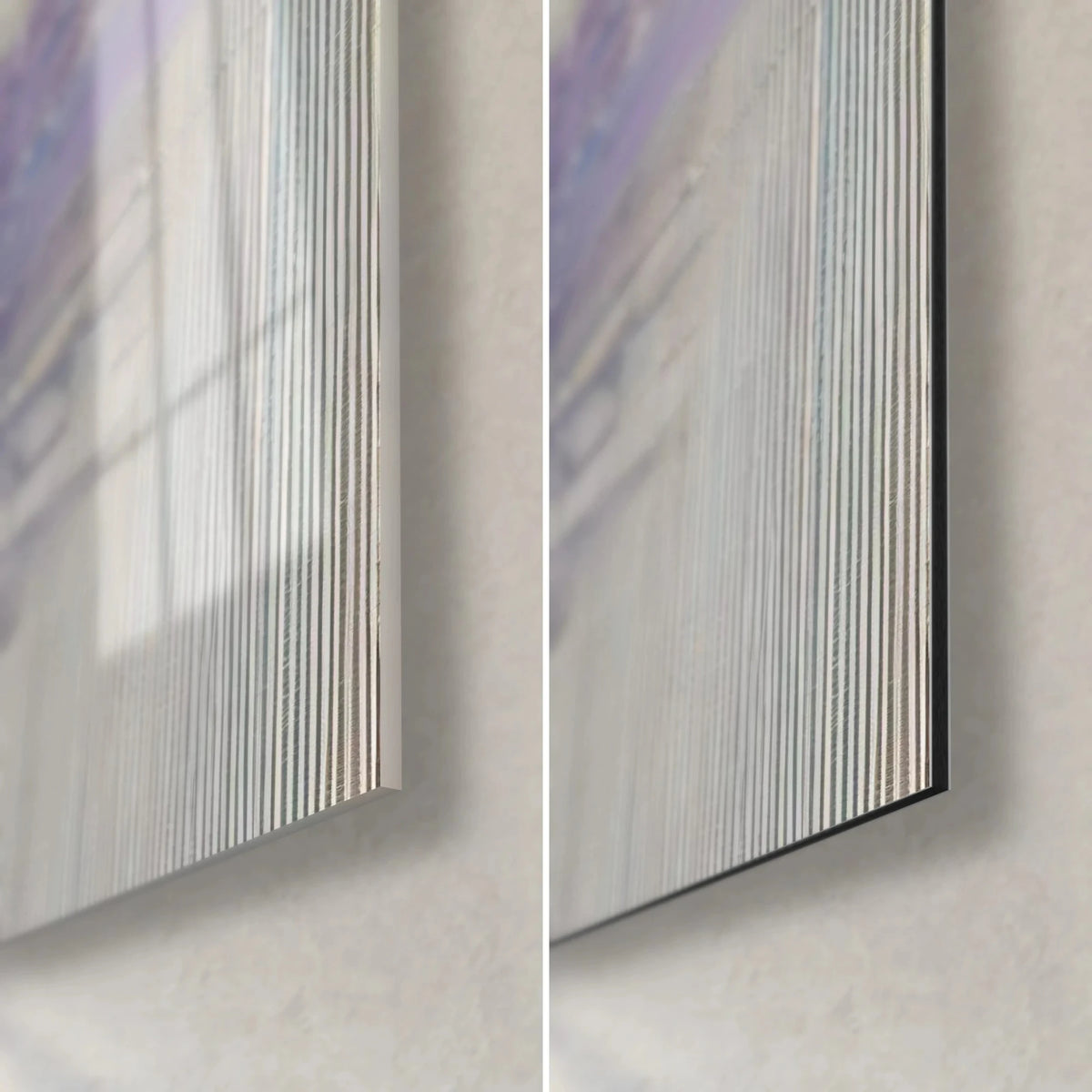 Wall art lavender waves, bottom right corner: glossy glass with reflections, matte black Dibond, 3 mm edge, blue and mauve streaks