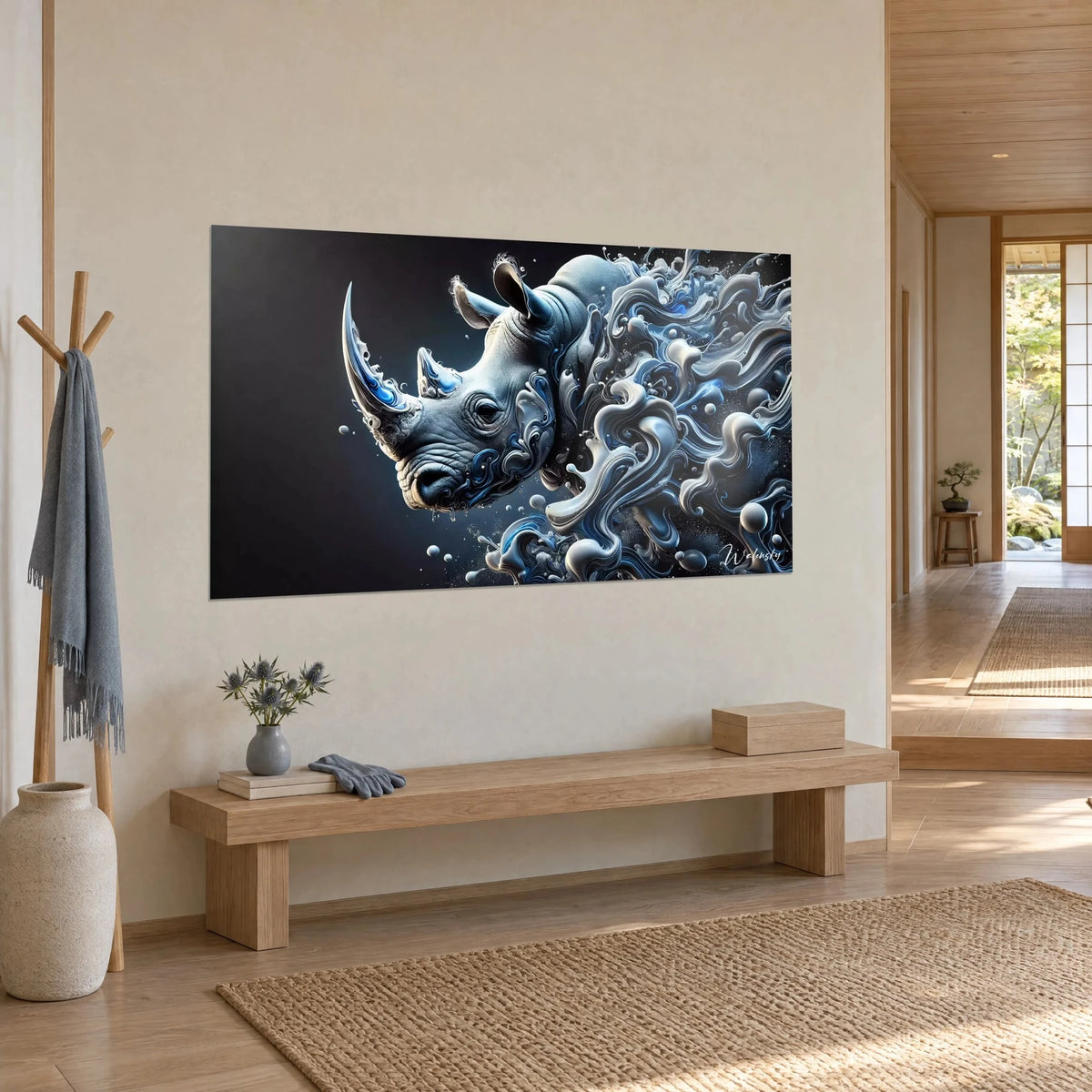 Wall art portrait of a slate-grey pachyderm, cream and midnight-blue waves swirling, black background, three-quarter view in the entrance hall