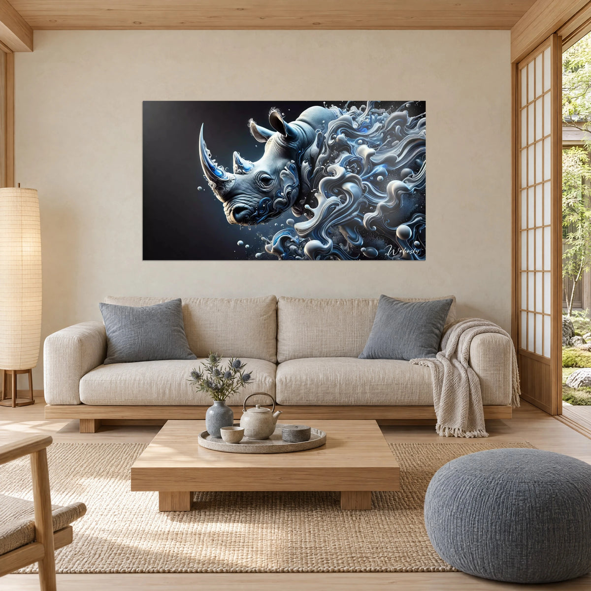 Gemälde Nashorn in stahlblauem Blau, aus milchigen Schwaden auftauchend, Horn umrandet von Kobaltblau, über einem Sofa in einem hellen Wohnzimmer