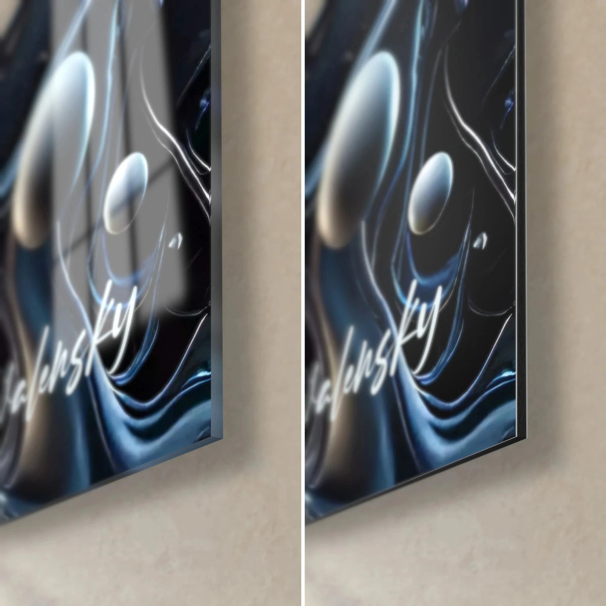 Wall art armoured creature with silvery wave patterns, lower right corner: glossy acrylic glass on the left, matte Dibond aluminium on the right, 3 mm edge