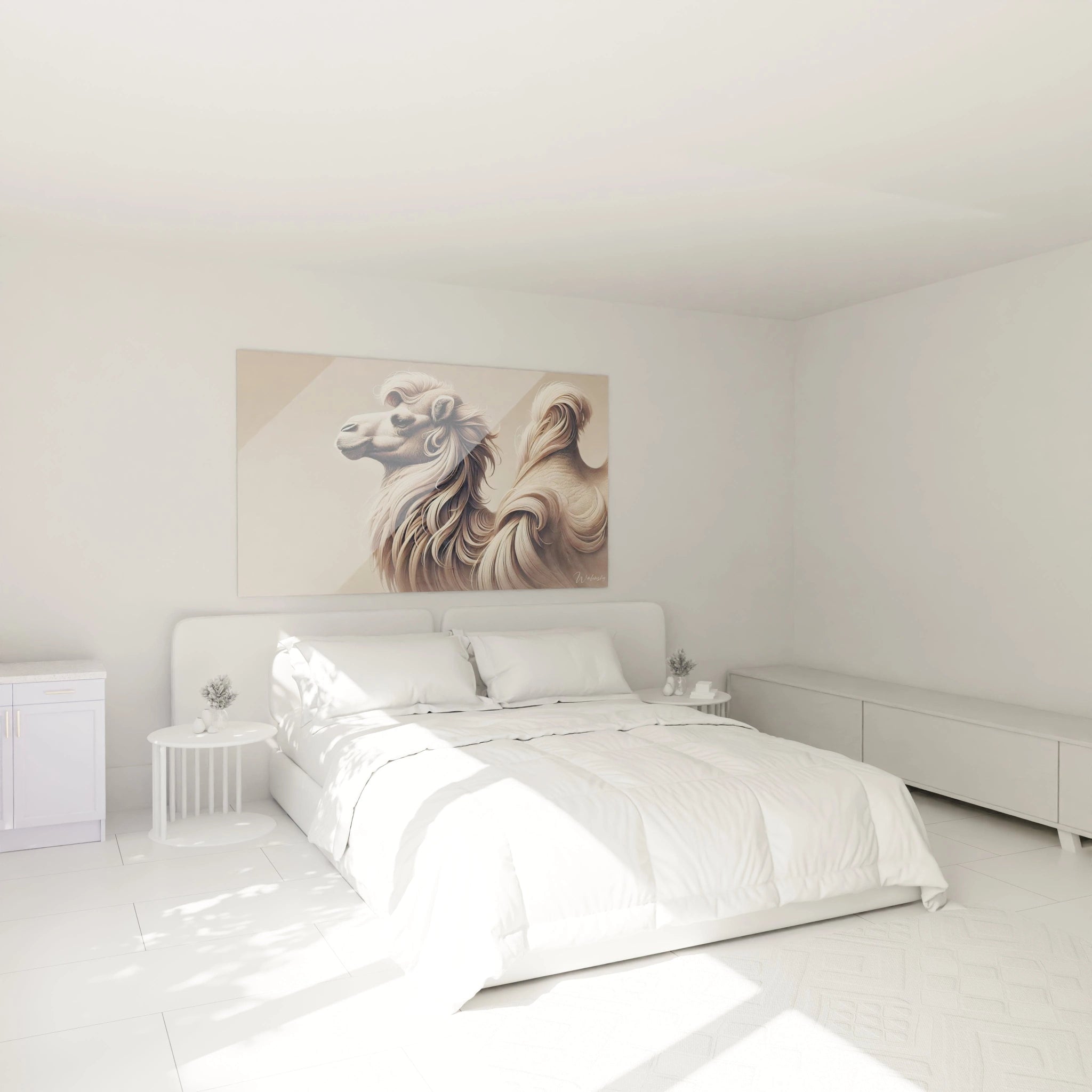Ce tableau chameau accroché au-dessus du lit apporte une touche d'elegance et de serenite dans la chambre. Les tons doux et la texture du pelage créent une ambiance apaisante.

