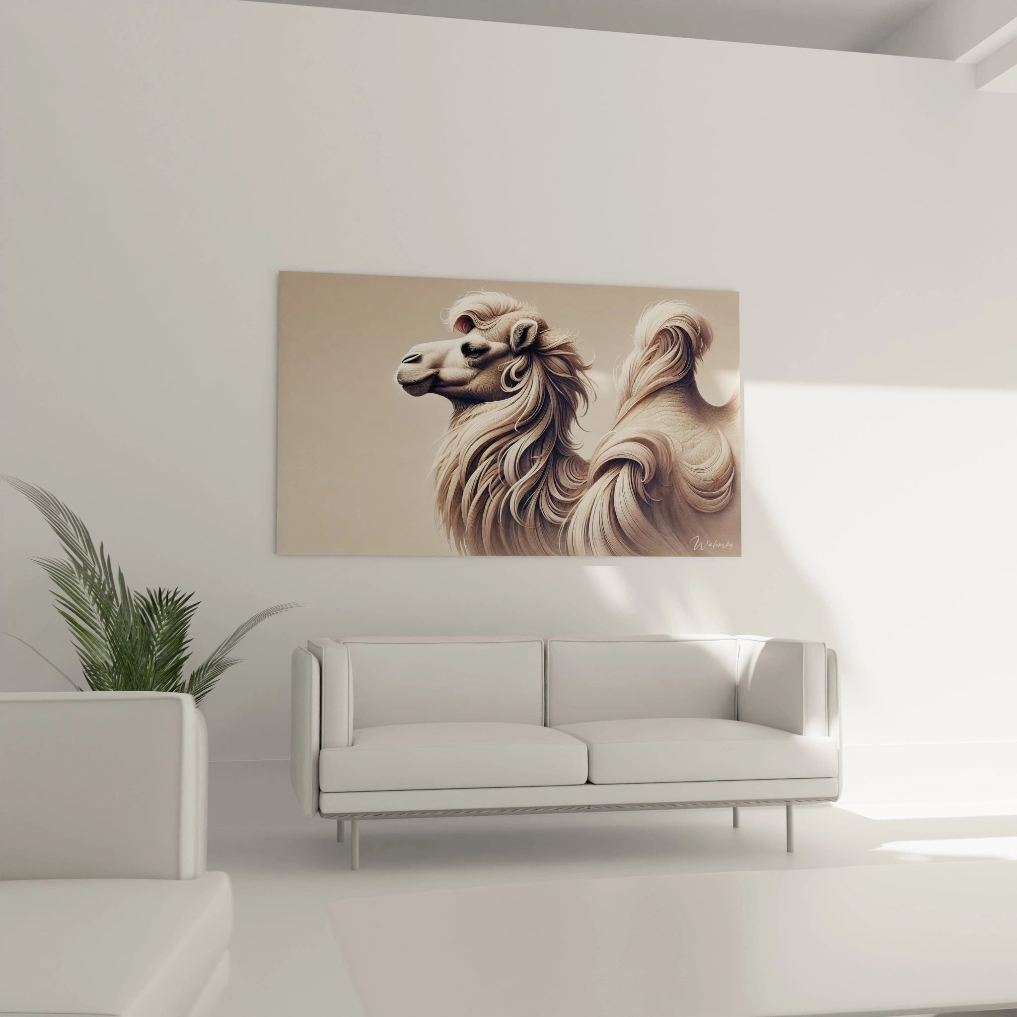 Un tableau chameau dans le salon, au-dessus du canapé. Il met en avant la force tranquille de cet animal, avec des couleurs qui rappellent les tons naturels du désert.

