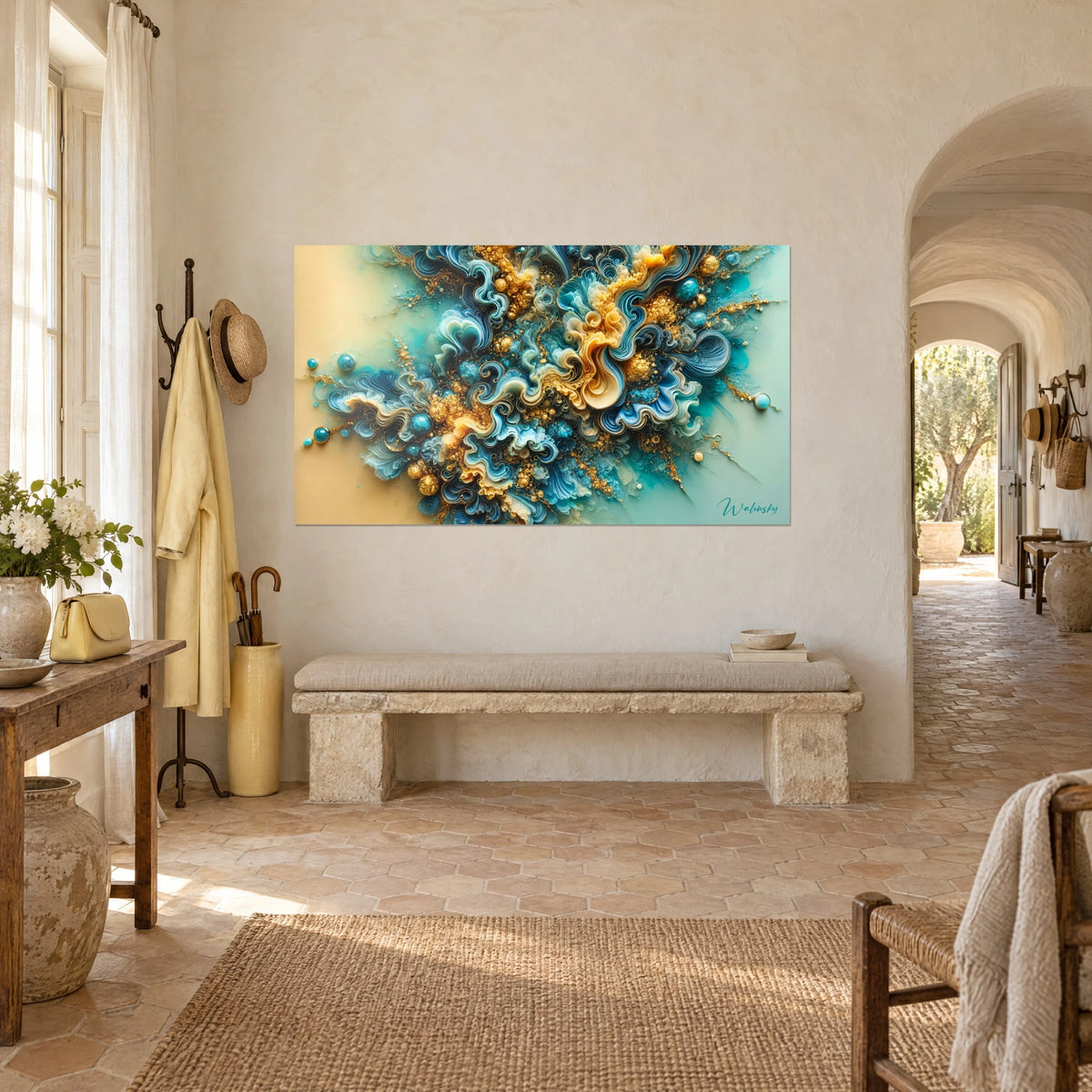 Tableau vagues sculptées bleu nuit et ocre doré, perles turquoise en relief, mur chaulé près d'une arche et d'un banc
