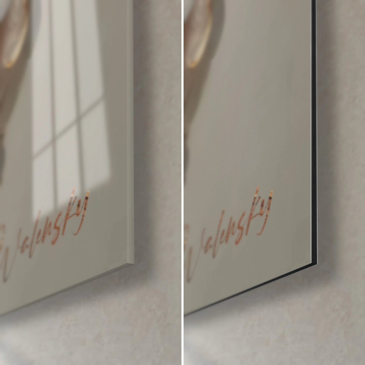 Cuadro pez betta marfil y oro, esquina inferior derecha: cristal acrílico brillante a la izquierda, aluminio Dibond mate a la derecha, grosor de 3 mm
