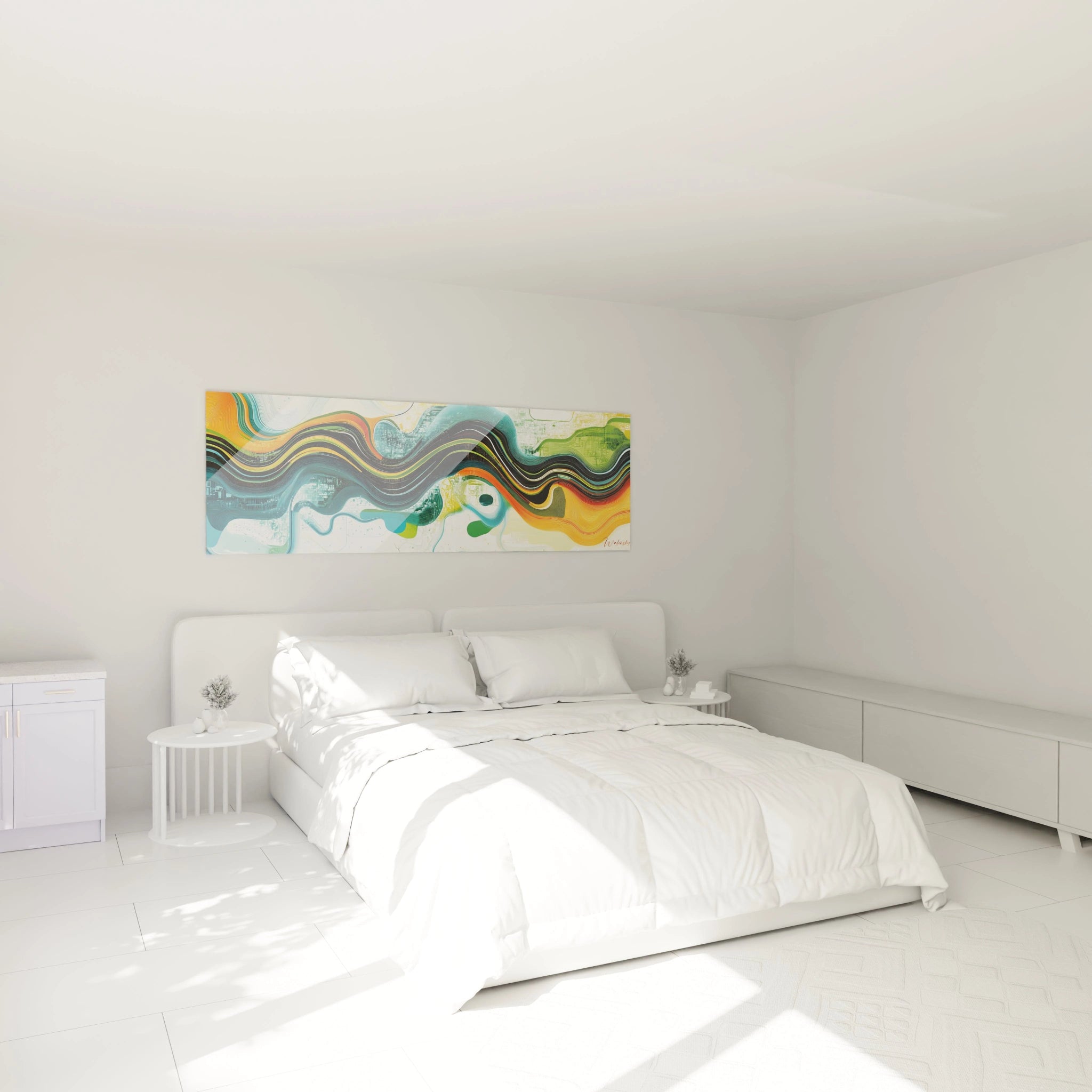 Tableau vagues abstraites aux lignes ondulantes entrecroisées, mêlant bleu profond, orange éclatant et vert vibrant, avec une composition horizontale panoramique et des couches superposées créant un effet de flux dynamique.
