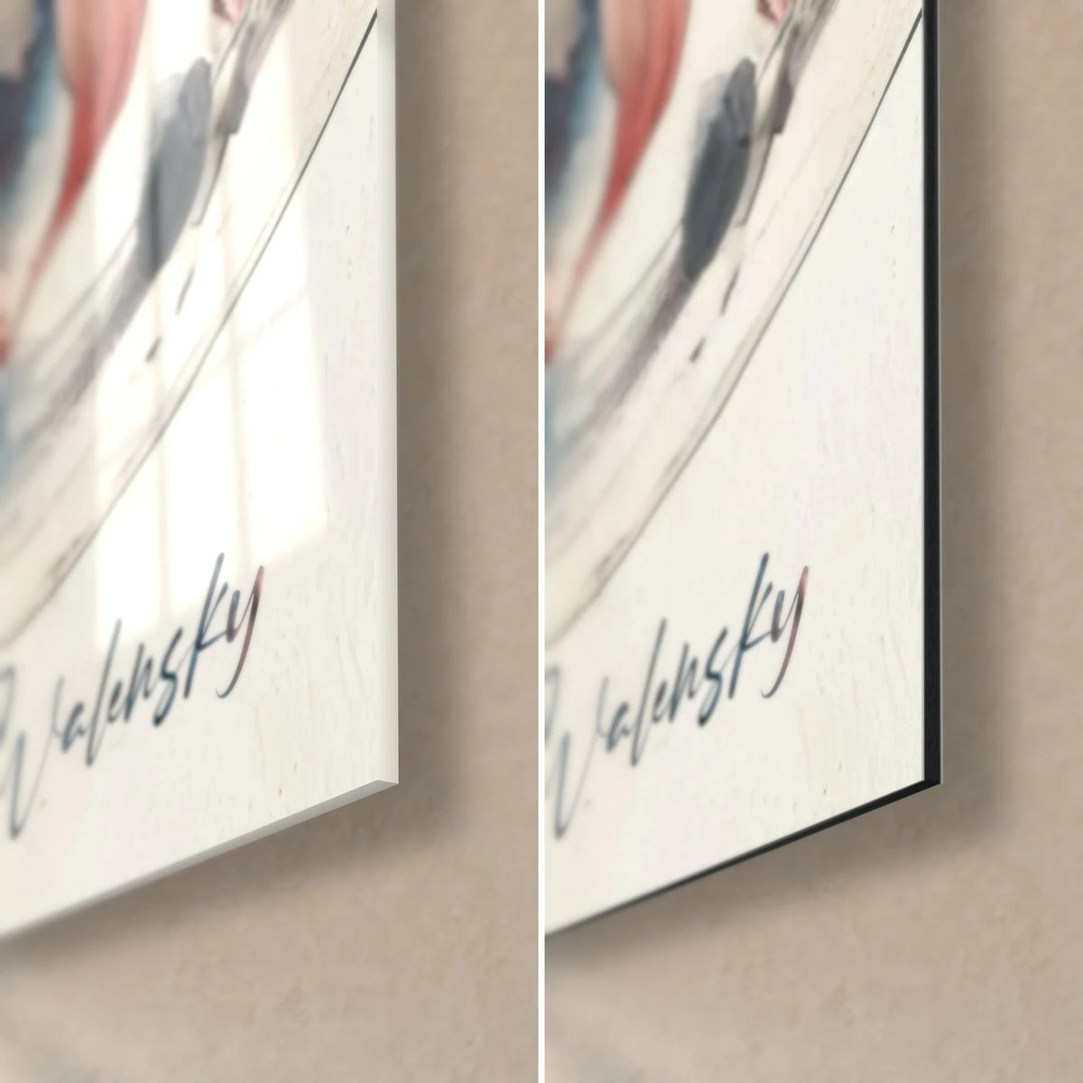 Wall art of goldfish in watercolor, bottom right corner, black Walensky signature, glossy acrylic glass and matte Dibond aluminum