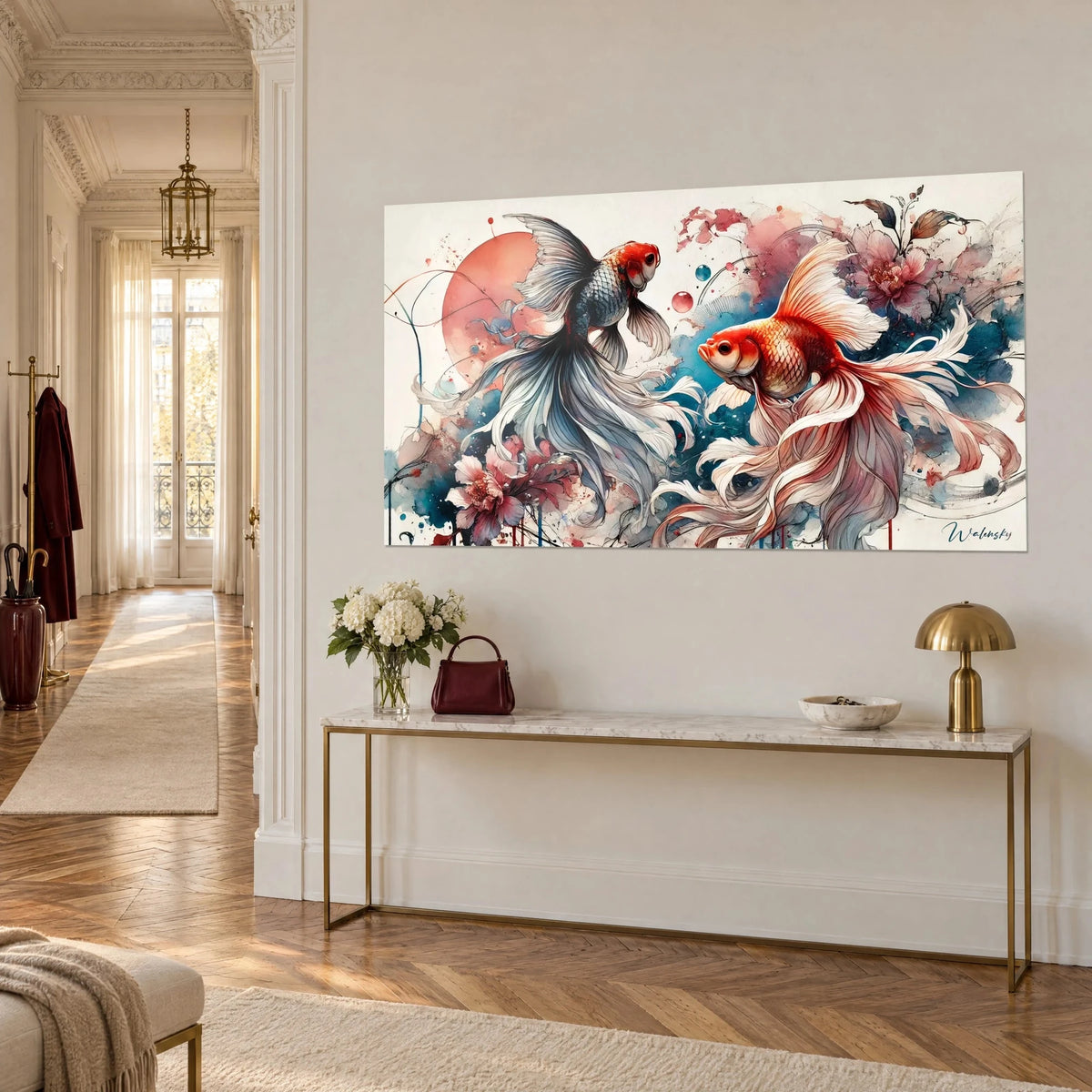 Wall art of a pair of goldfish in watercolor, pale pink sun and peonies, on a beige wall above a gilded console