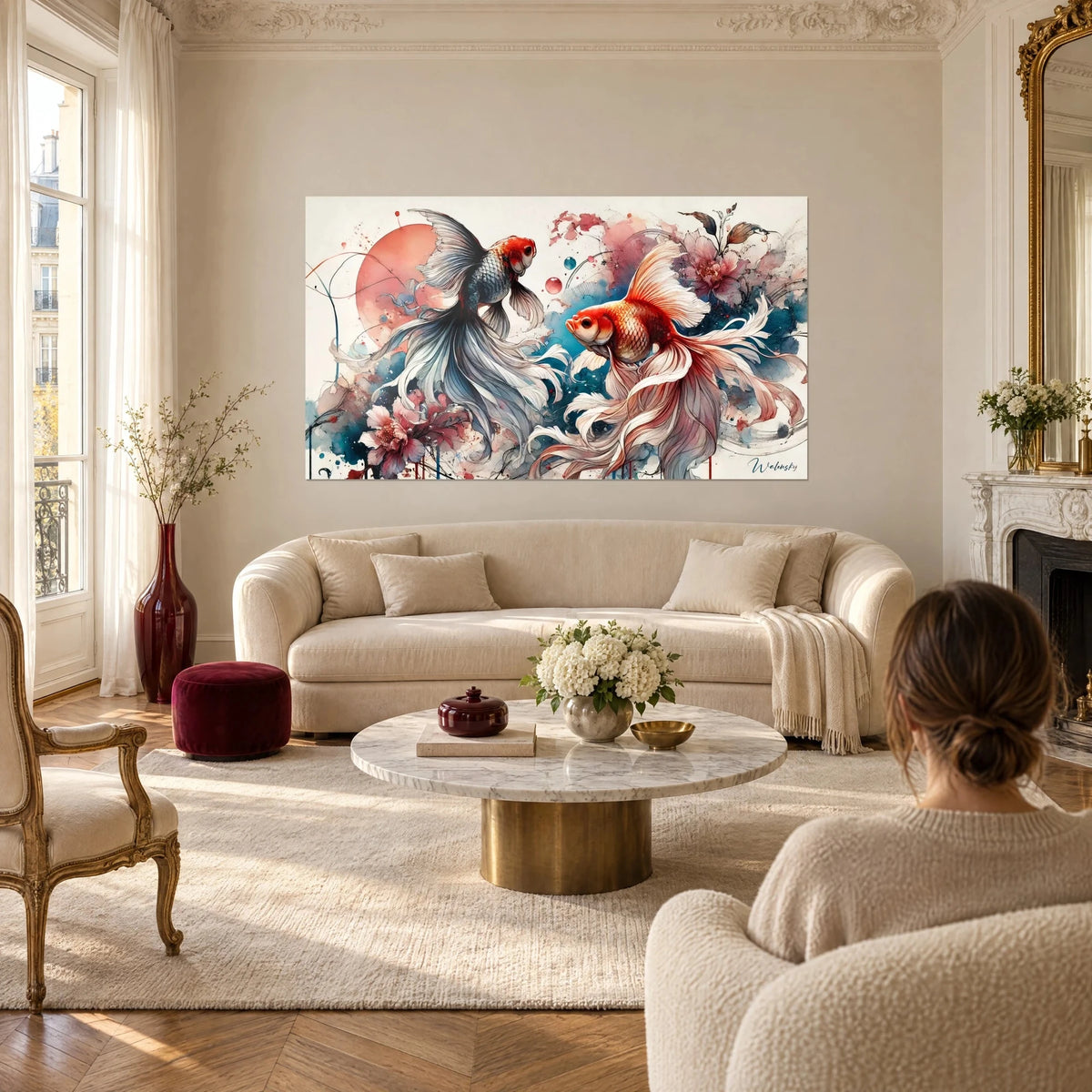 Wall art of two koi carp with billowing fins, coral red and teal blue, above a sofa in a bright living room