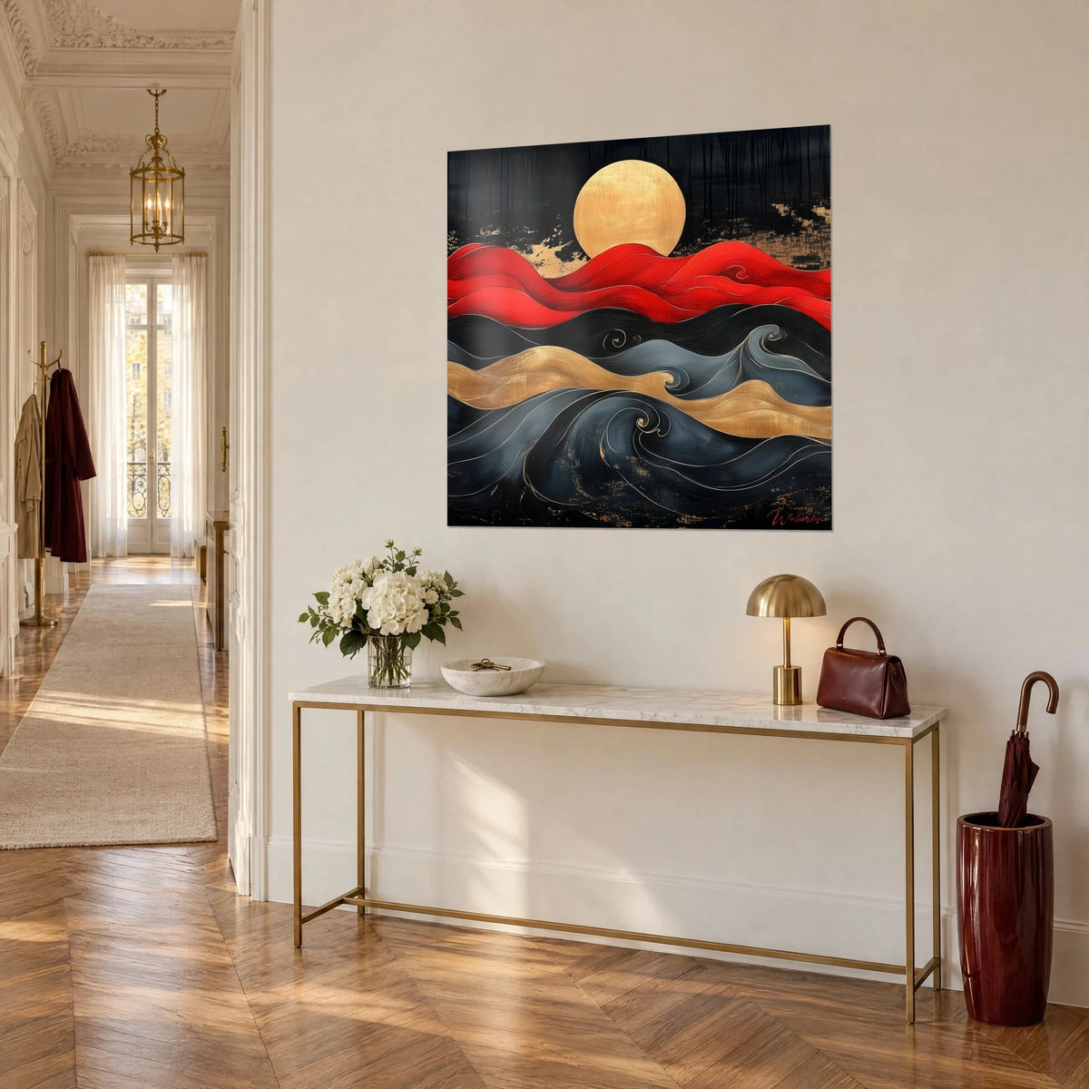 Gemälde goldener Mond über scharlachroten, schwarzen und goldenen Wellen, Dreiviertelansicht, weiße Konsole in einem Pariser Hausflur im Haussmann-Stil