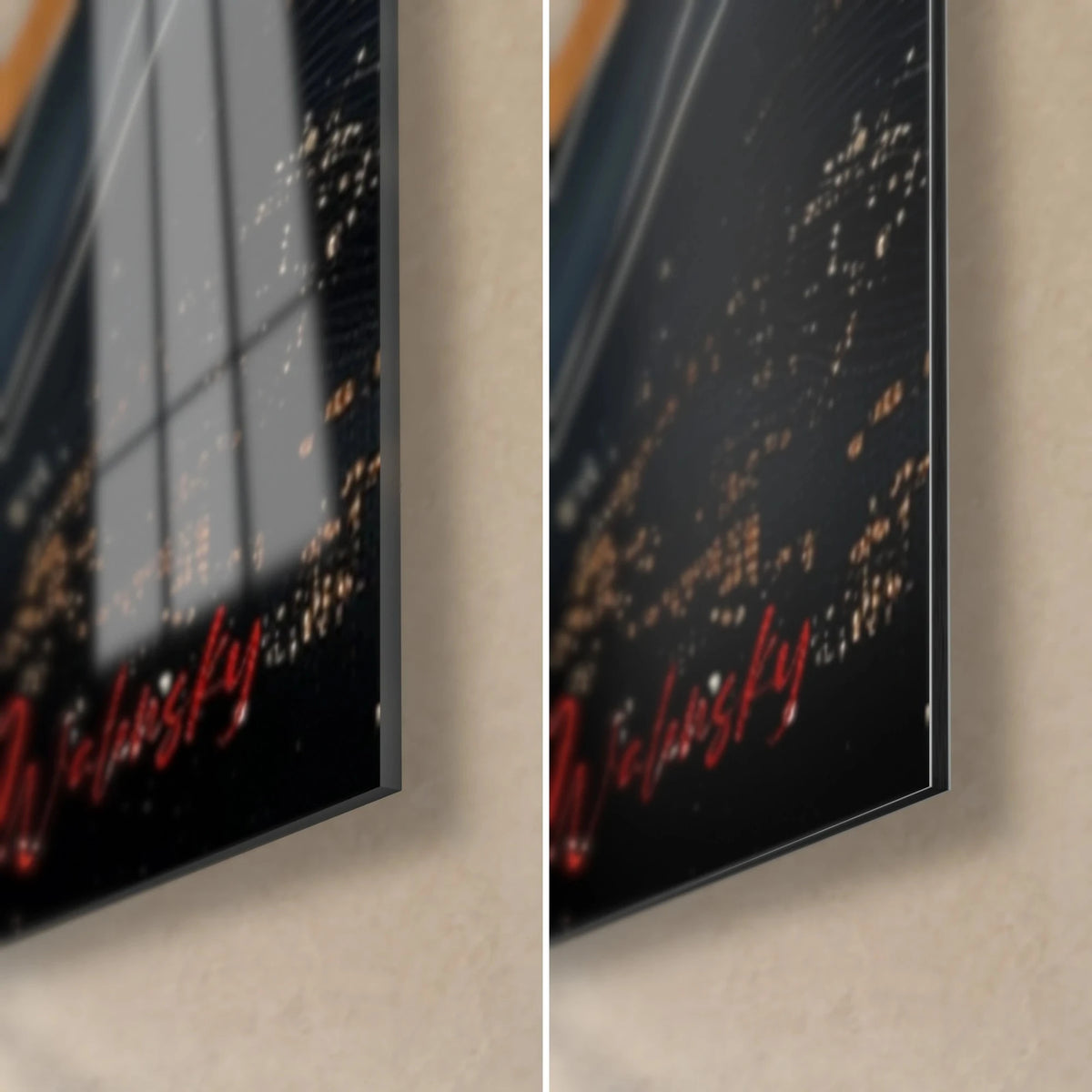 Gemälde wirbelnde Kämme in Schwarz und Gold, untere rechte Ecke: glänzendes Acrylglas links, mattes Dibond rechts, 3 mm Kante