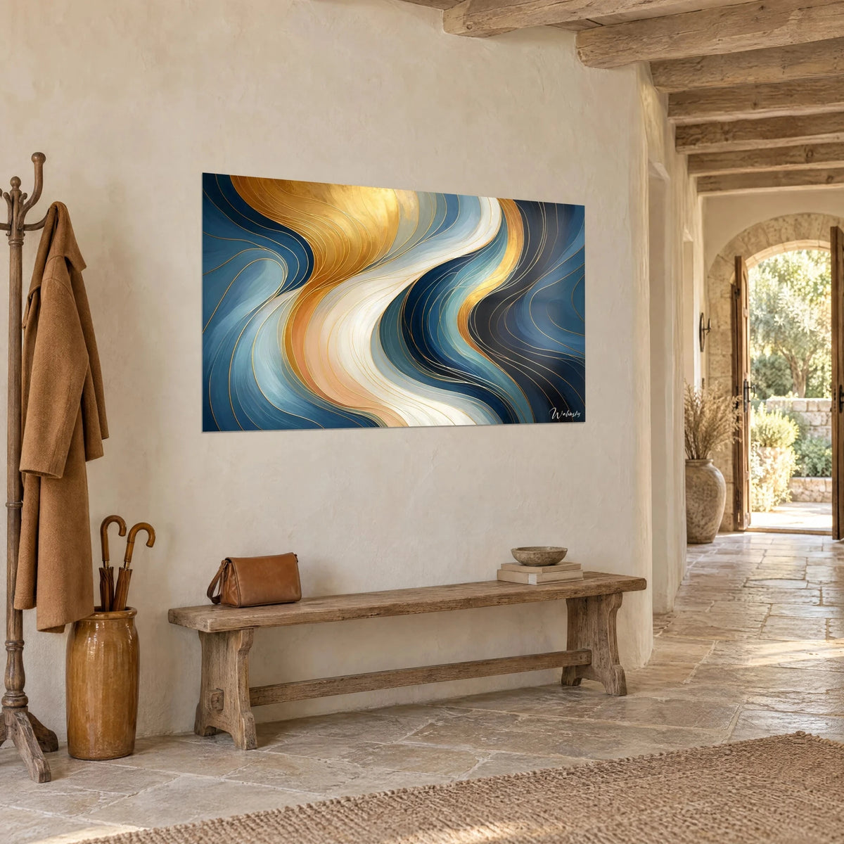 Wall art with flowing abstract curves in gold, petrol blue and cream white, gold edge lines, on a light stone wall