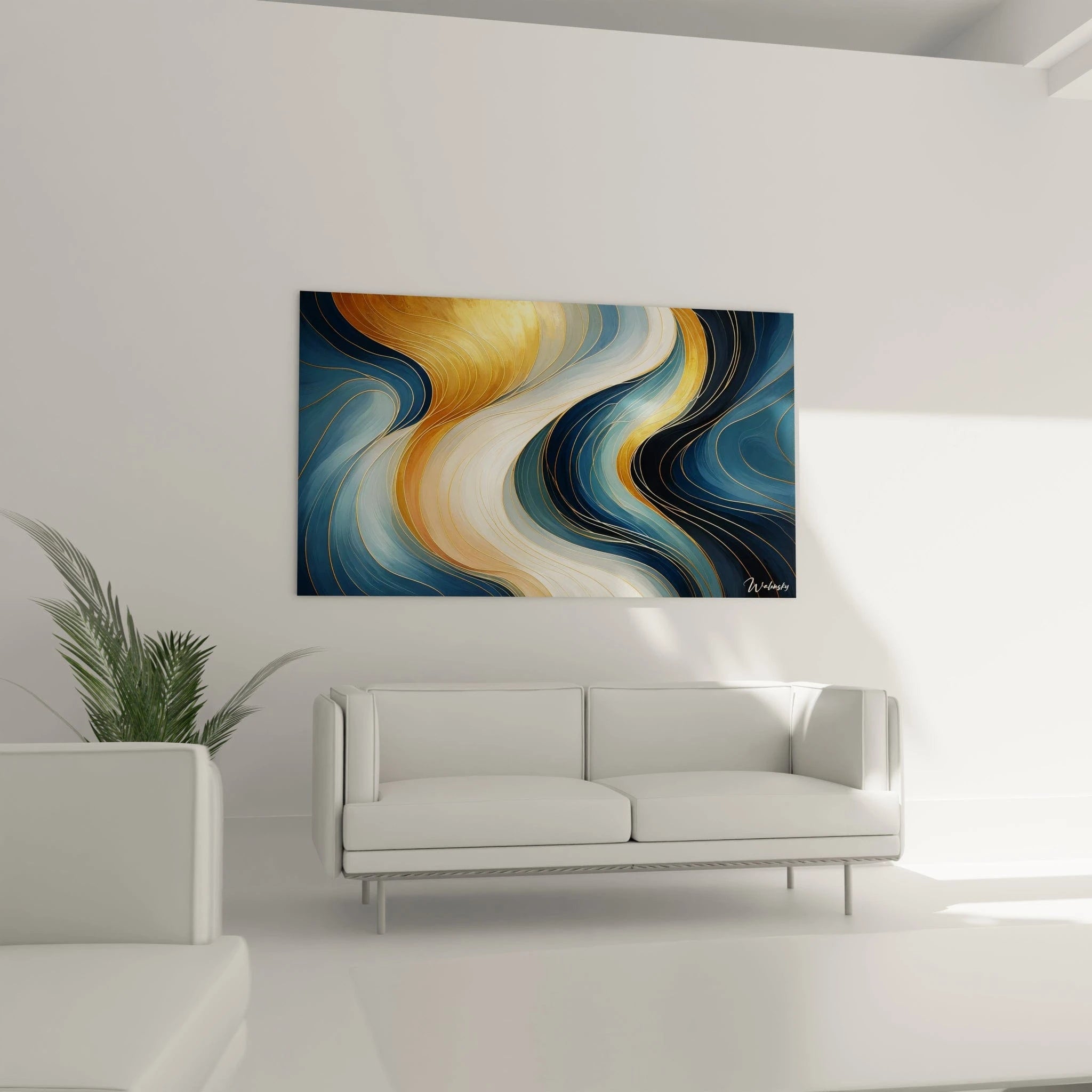 Un tableau abstrait de flux ondulants aux accents précieux. Les couleurs principales sont bleu océan, or satiné, blanc nacré et bleu azur. La texture montre des bandes colorées aux courbes élégantes qui se déploient en mouvements fluides, rehaussées par des tracés dorés qui définissent chaque couche et ajoutent une dimension luxueuse à la composition.
