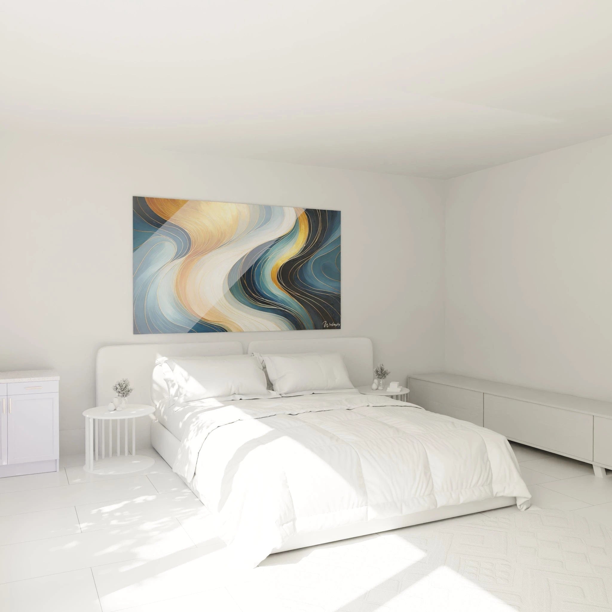 Un tableau abstrait de courbes sinueuses entrelacées. La palette associe bleu indigo, or brillant, ivoire et turquoise pâle. Les textures combinent zones de couleur lisses aux transitions douces et lignes fines dorées qui soulignent chaque ondulation, formant un motif harmonieux de vagues qui semblent se mouvoir avec grâce à travers l'espace.
